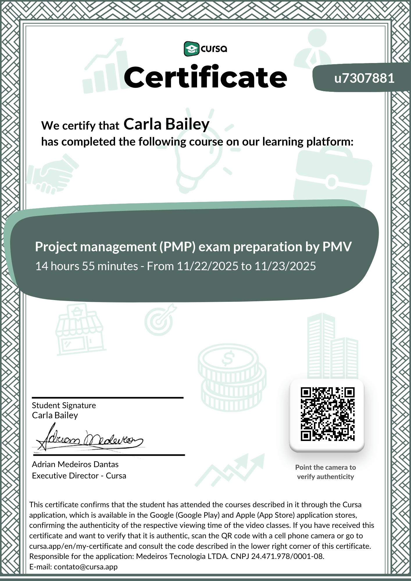Image of my free Course Completion Certificate.