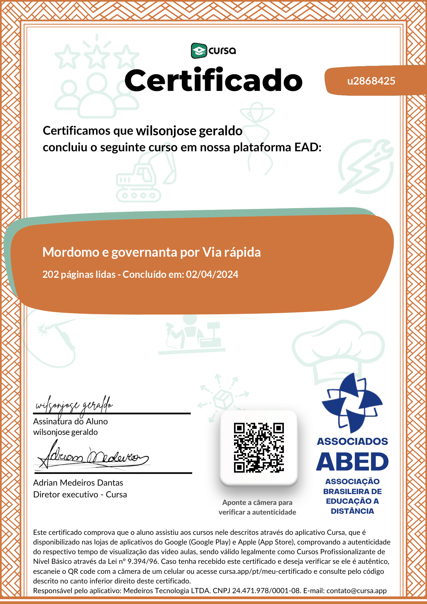 Imagem do meu Certificado gratuito de conclusão de curso.