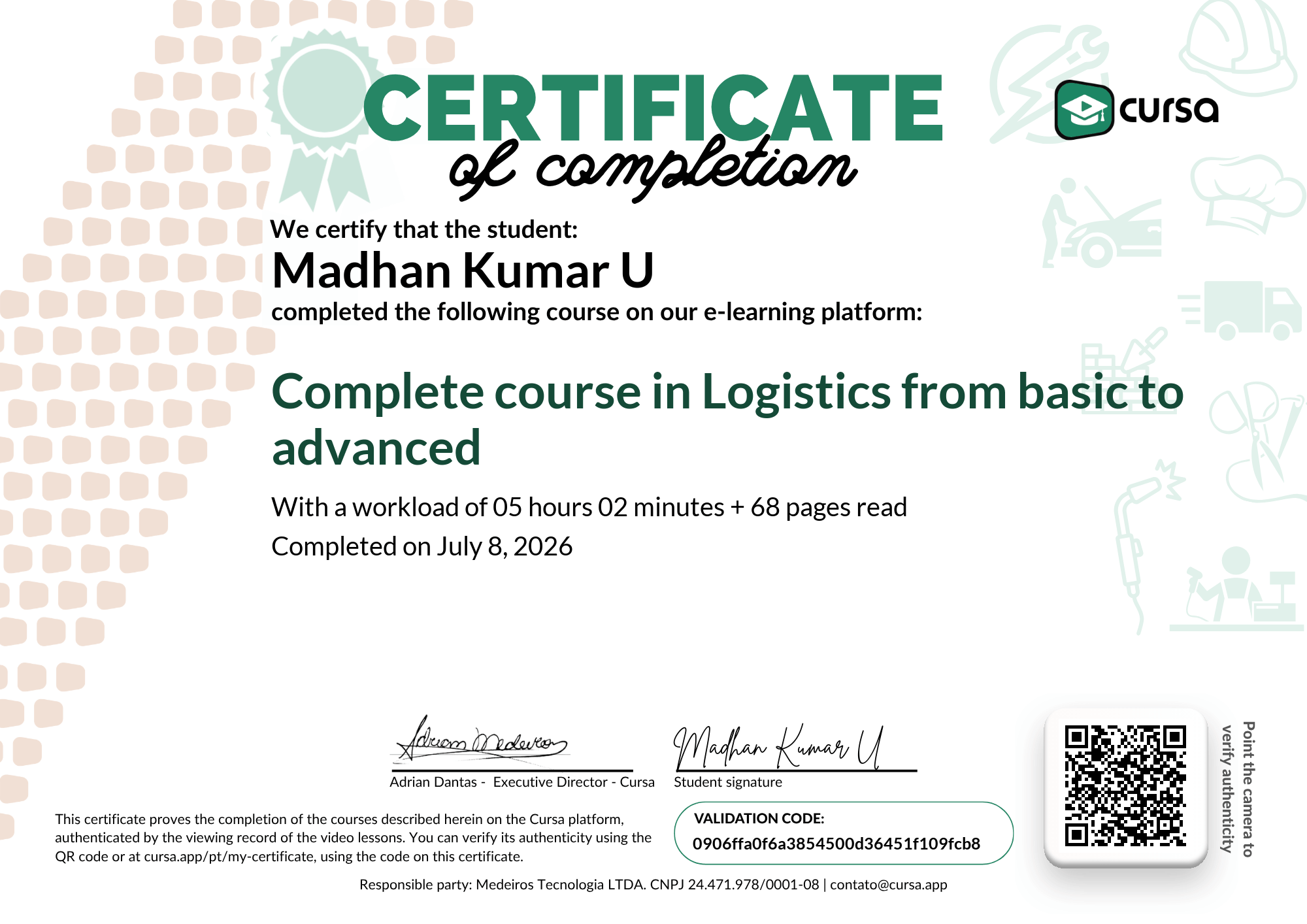 Image of my free Course Completion Certificate.