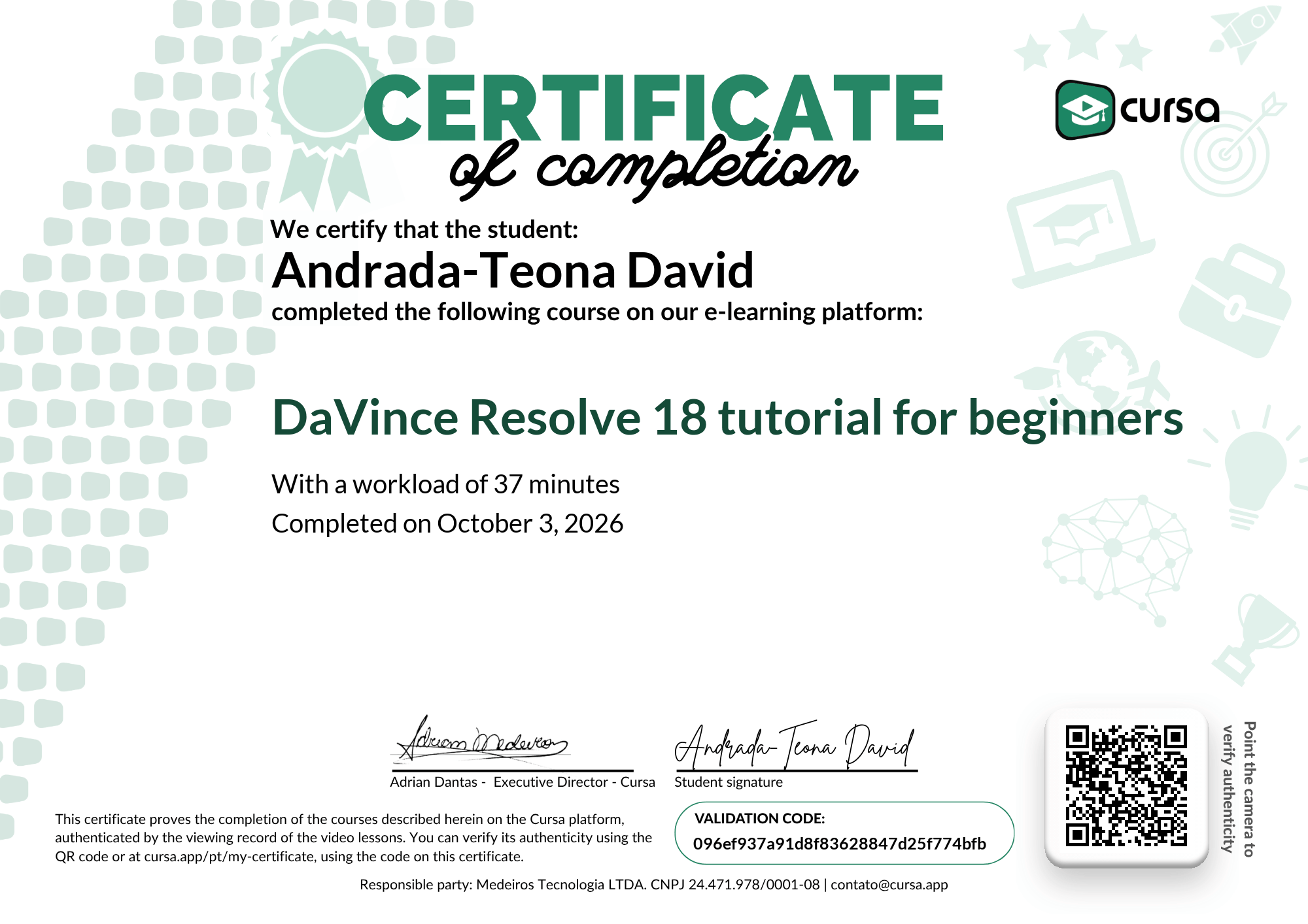 Image of my free Course Completion Certificate.