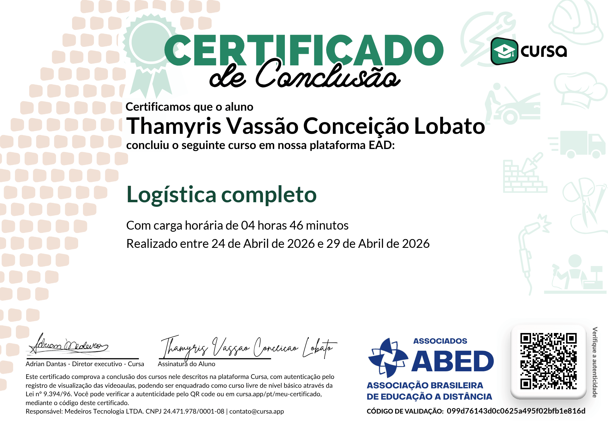 Imagem do meu Certificado gratuito de conclusão de curso.