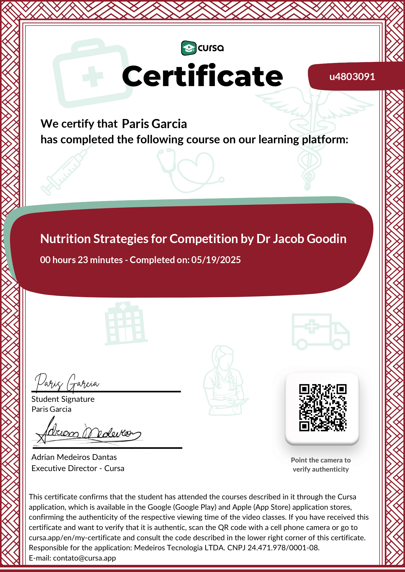 Image of my free Course Completion Certificate.