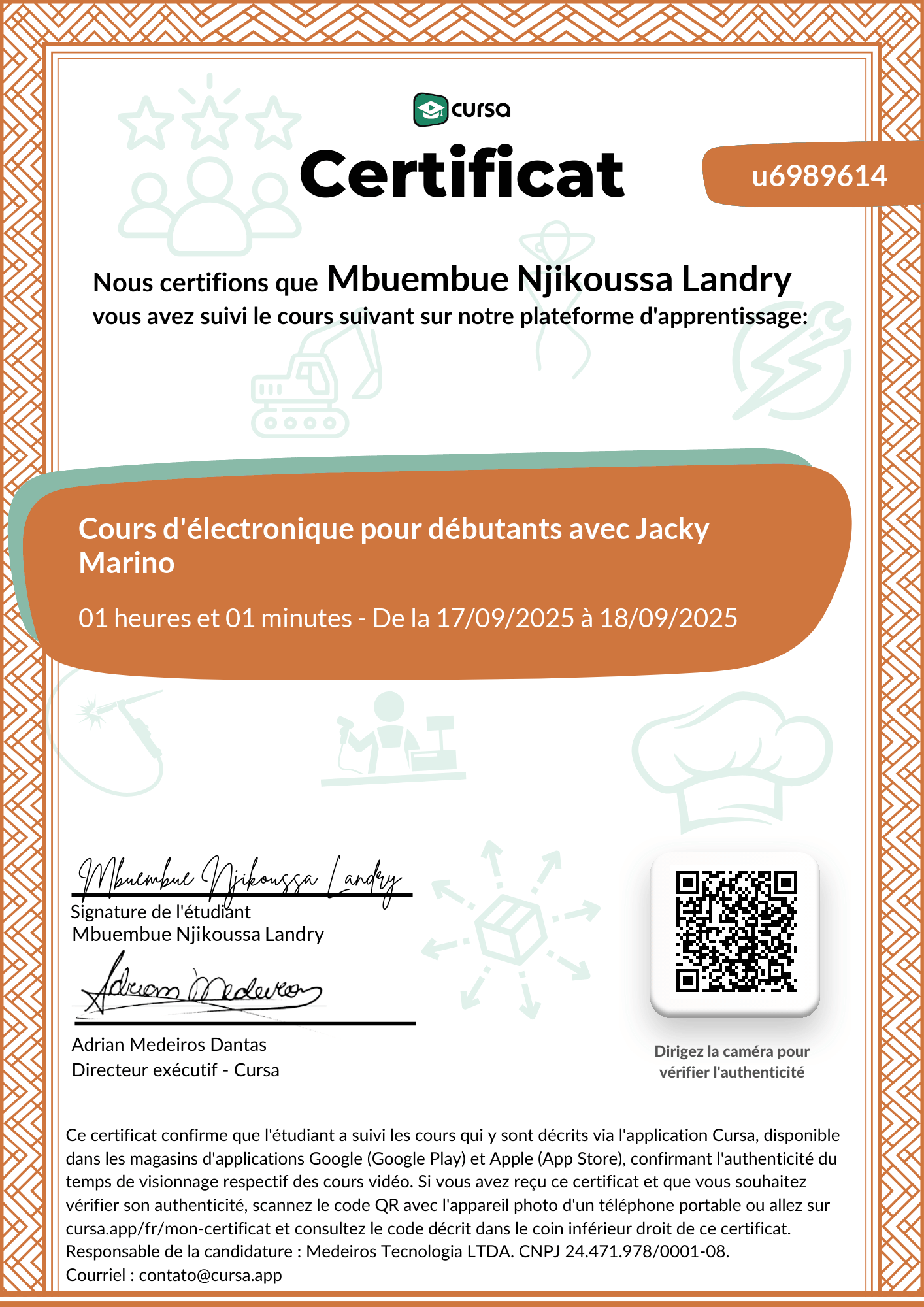 Image de mon certificat de fin de cours gratuit.
