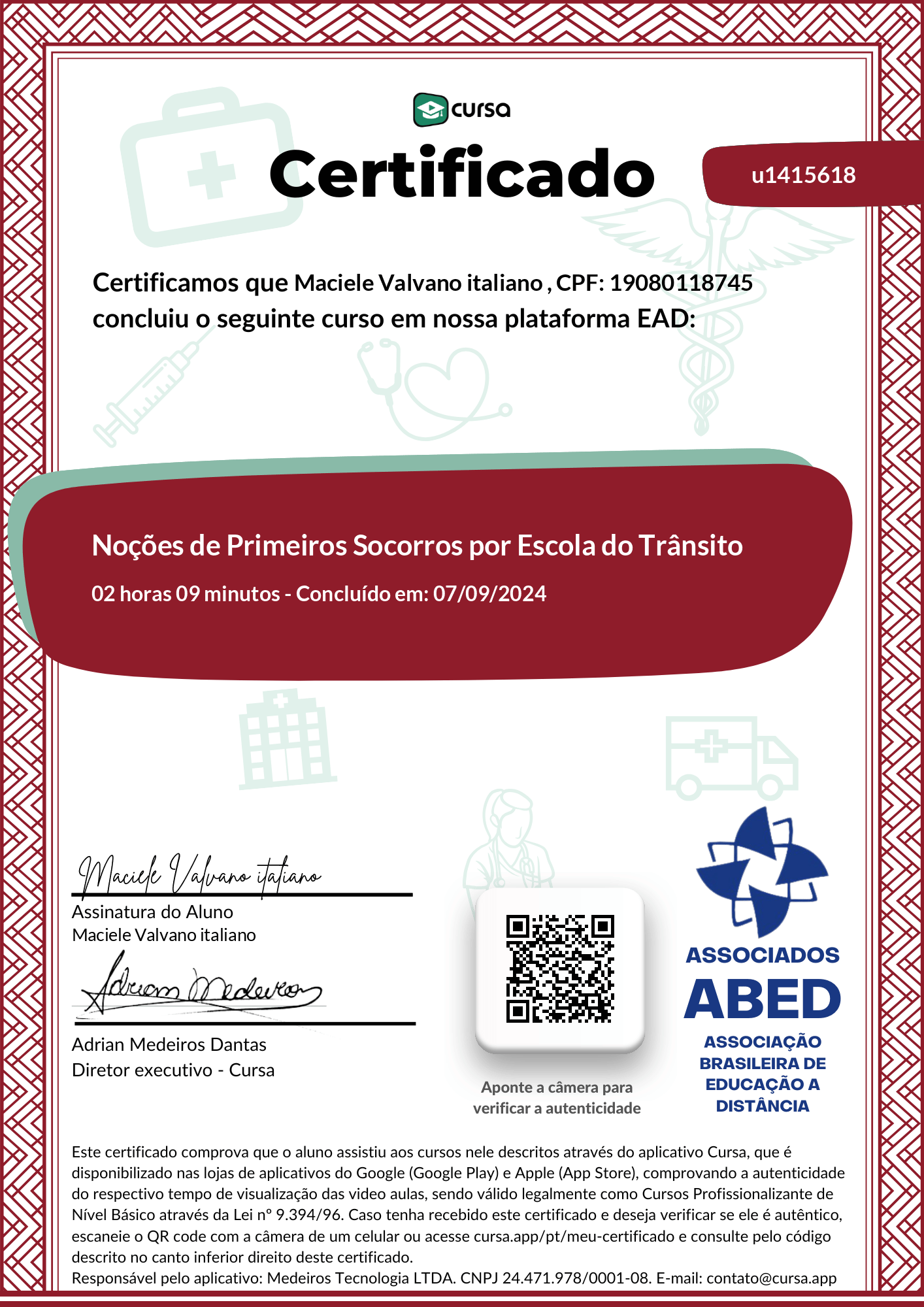 Imagem do meu Certificado gratuito de conclusão de curso.