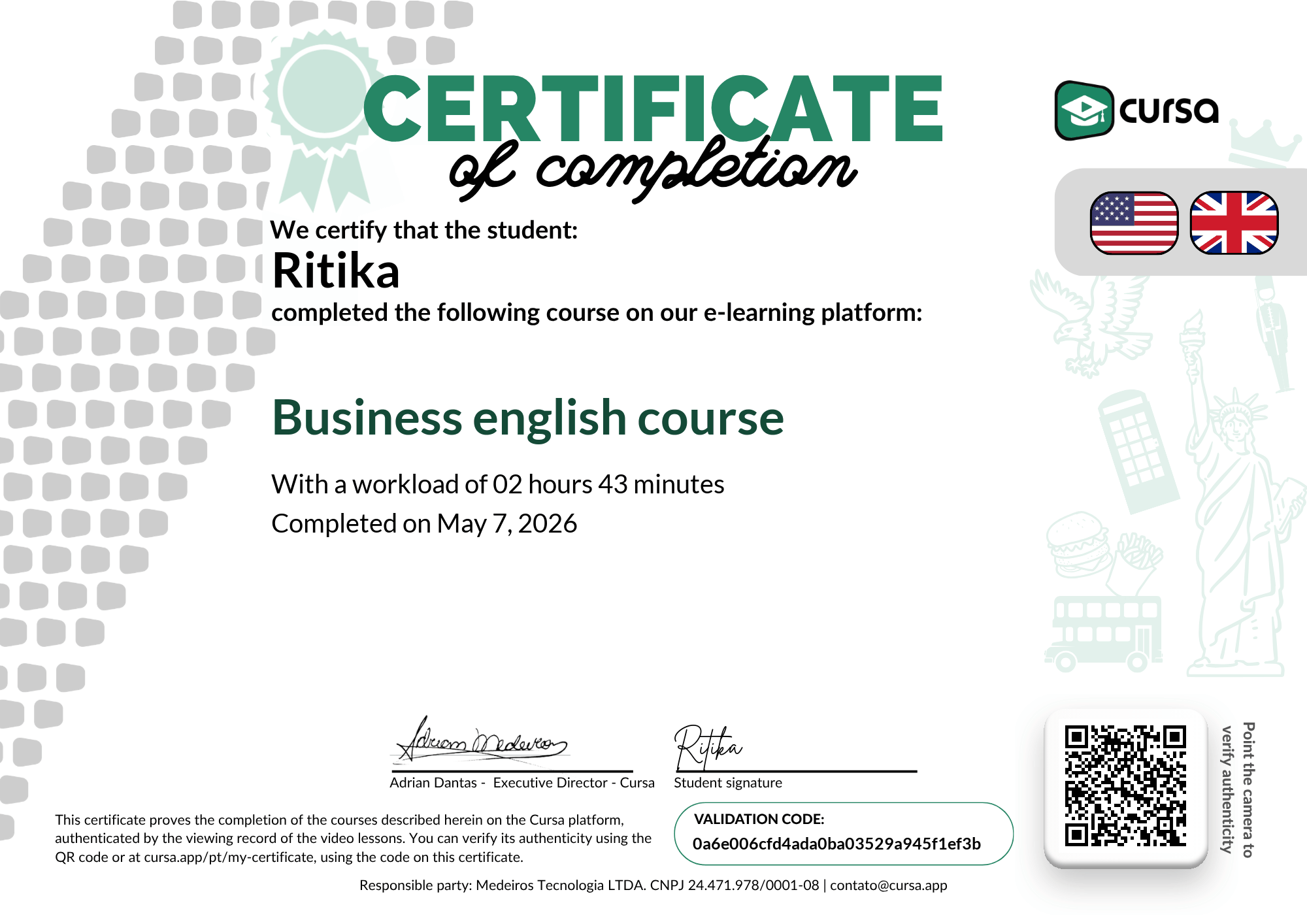 Image of my free Course Completion Certificate.