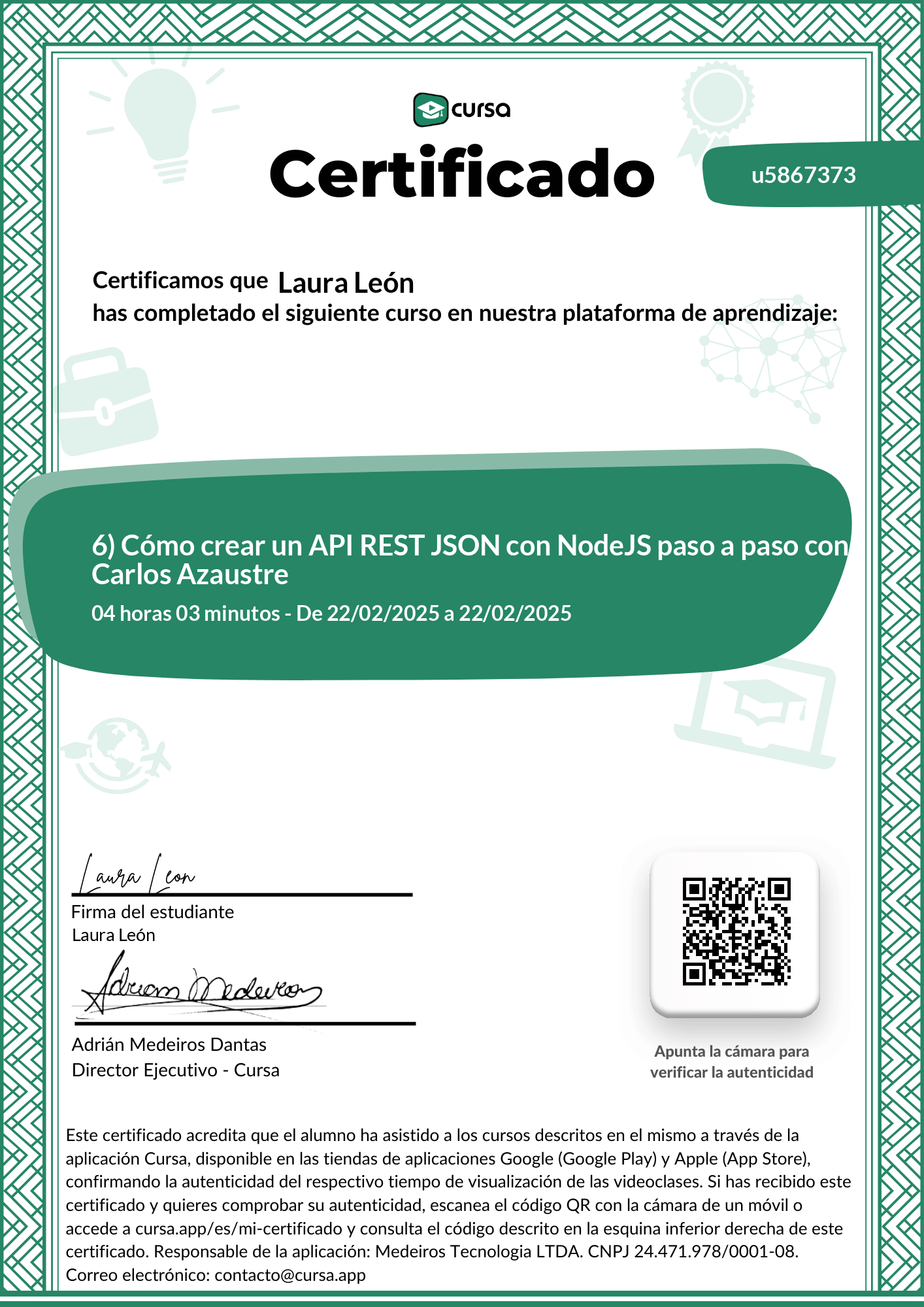 Imagen de mi Certificado de finalización del curso gratuito.