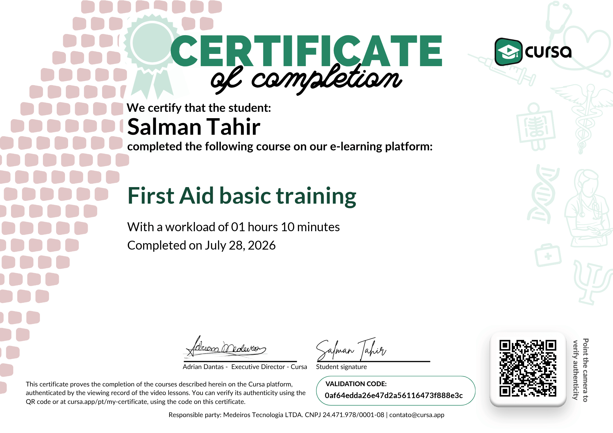 Image of my free Course Completion Certificate.