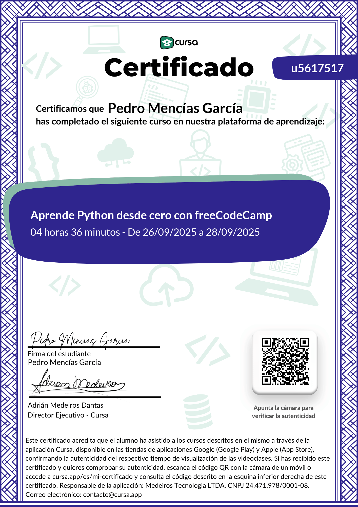 Imagen de mi Certificado de finalización del curso gratuito.