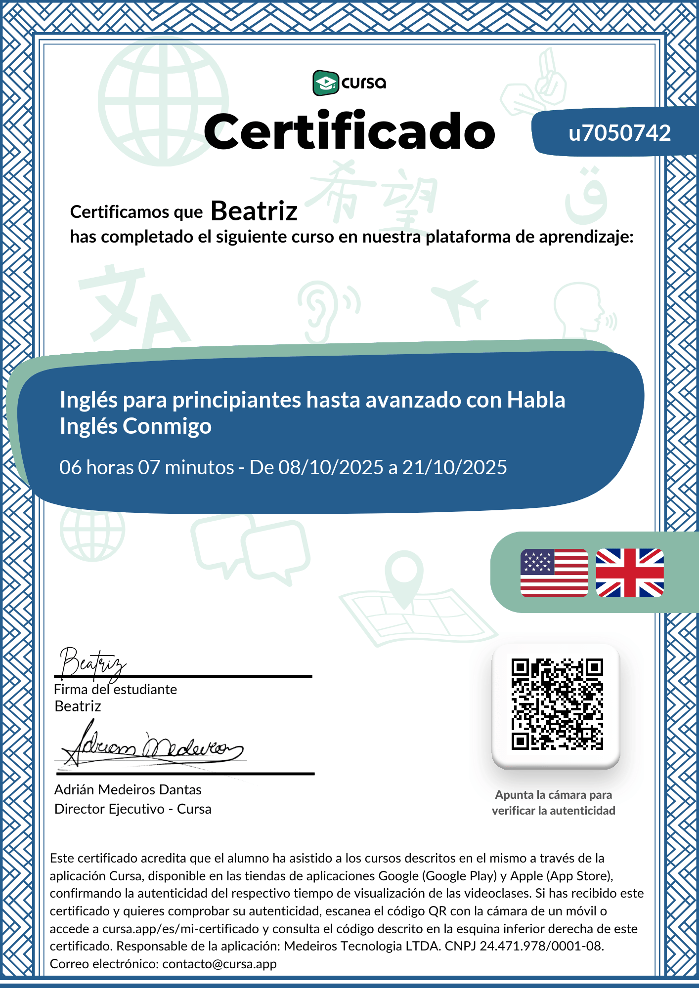 Imagen de mi Certificado de finalización del curso gratuito.