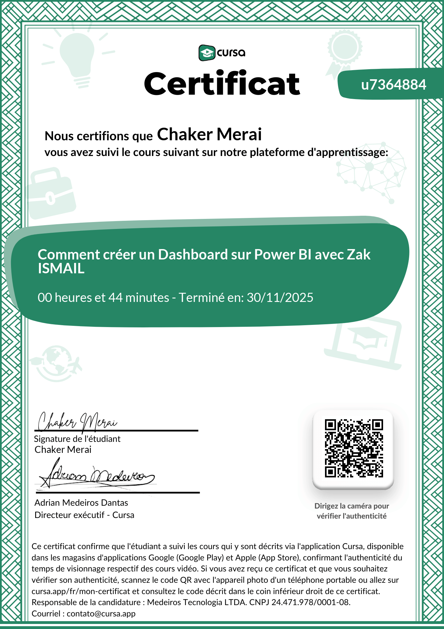 Image de mon certificat de fin de cours gratuit.