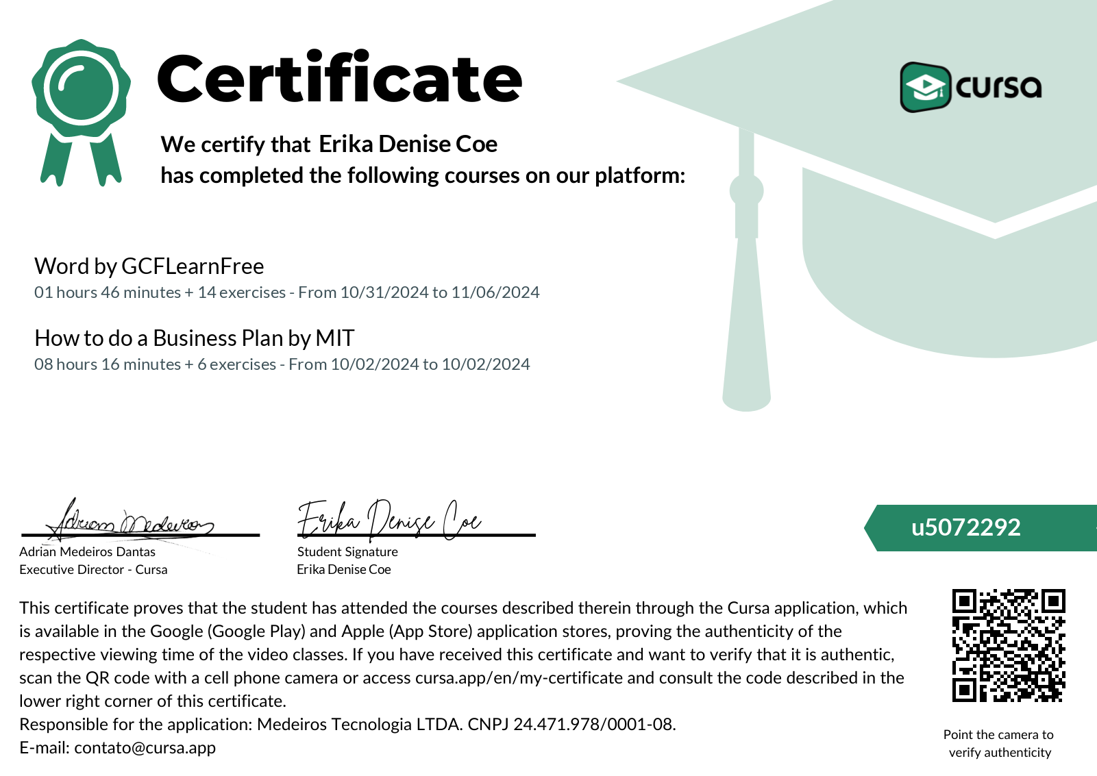 Image of my free Course Completion Certificate.