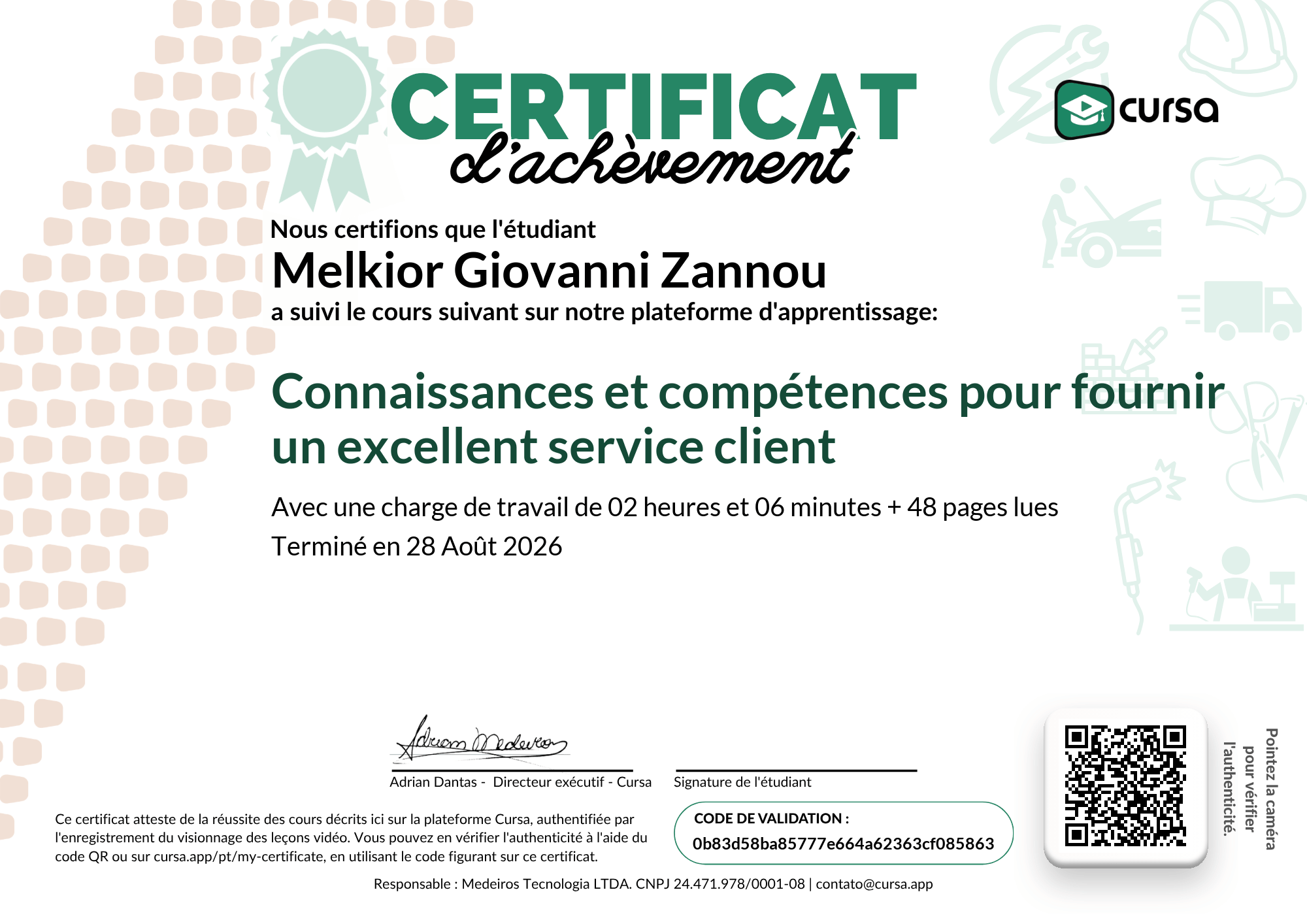Image de mon certificat de fin de cours gratuit.