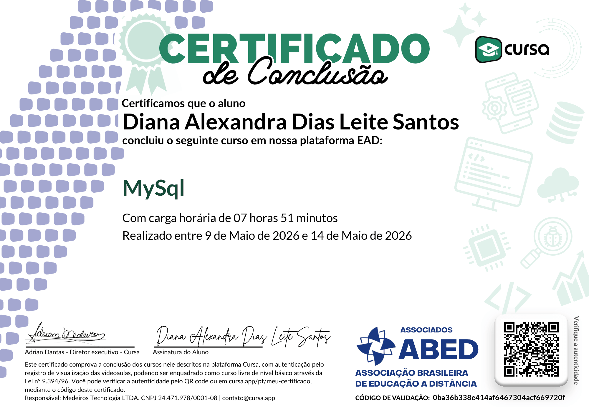 Imagem do meu Certificado gratuito de conclusão de curso.