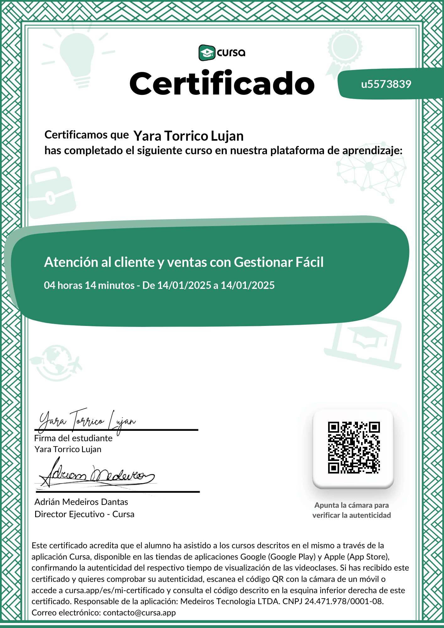 Imagen de mi Certificado de finalización del curso gratuito.