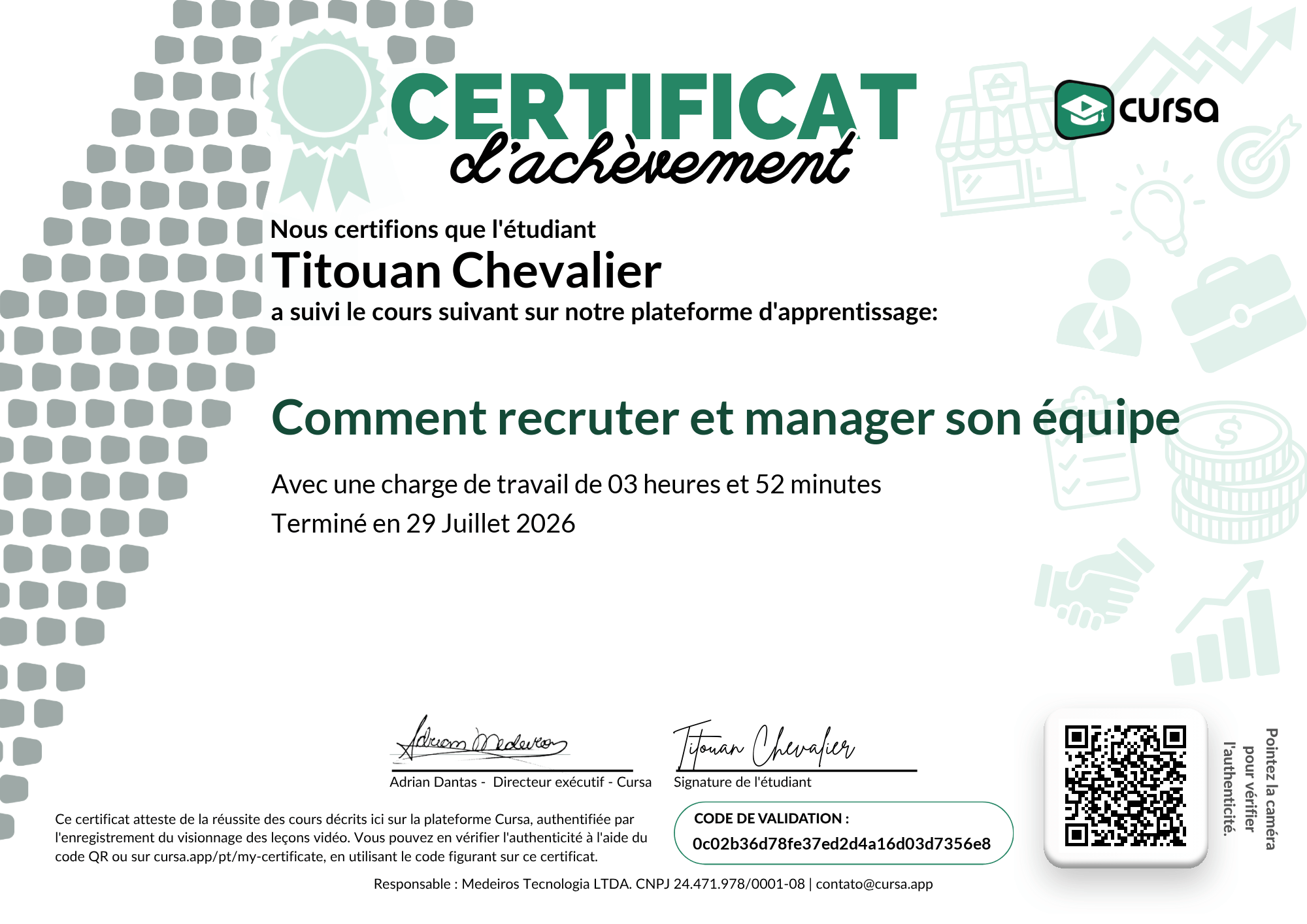 Image de mon certificat de fin de cours gratuit.