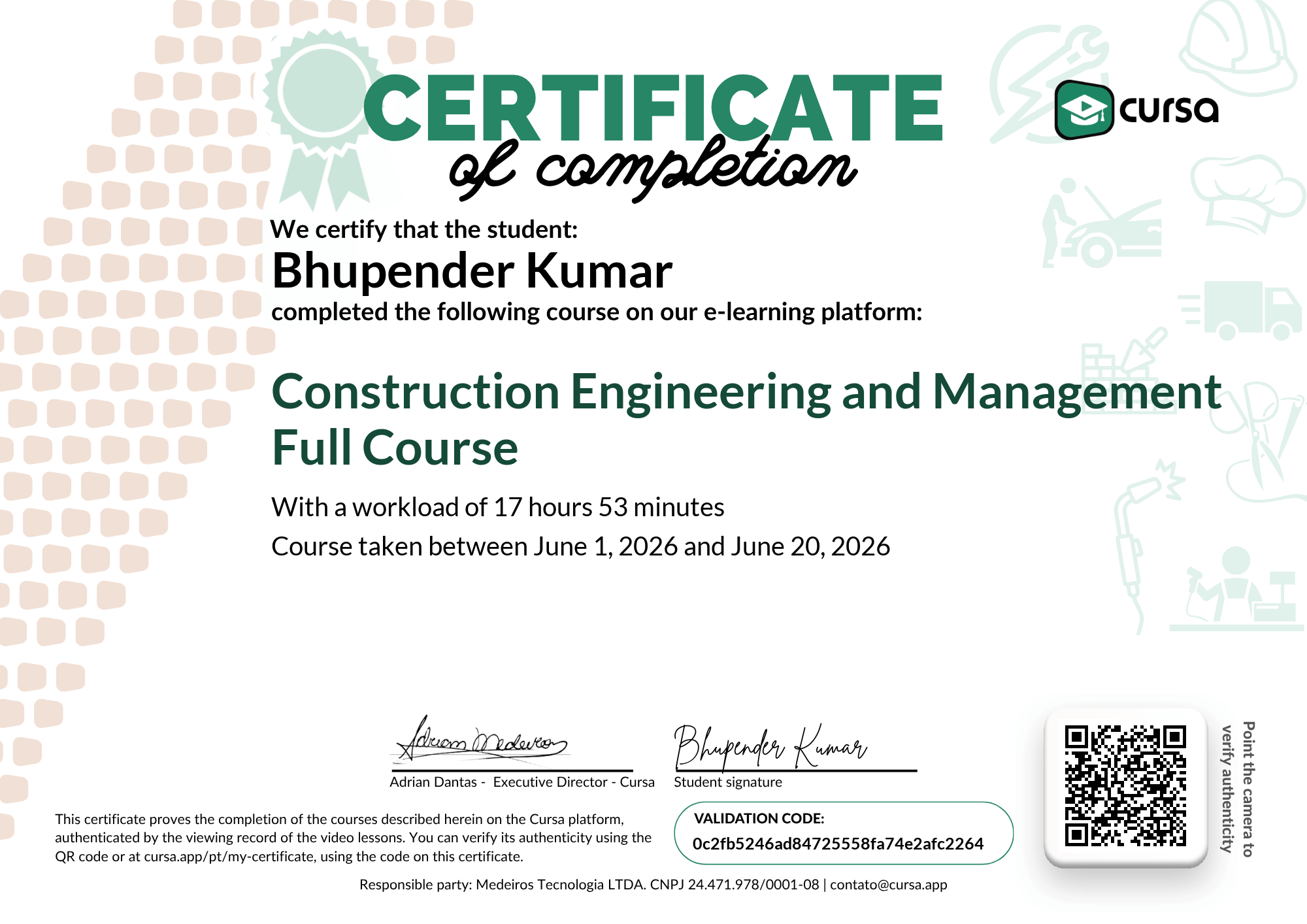 Image of my free Course Completion Certificate.