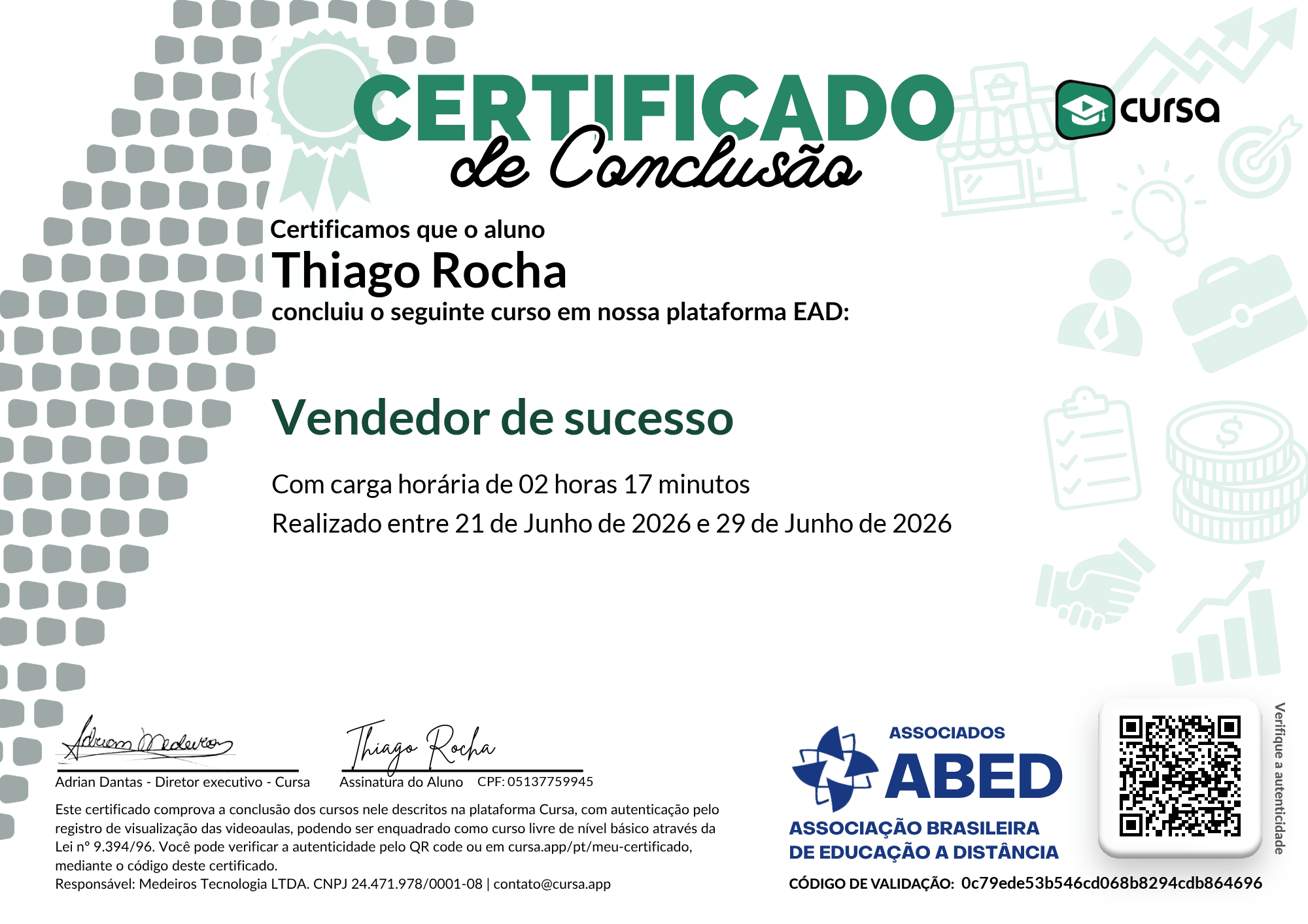 Imagem do meu Certificado gratuito de conclusão de curso.