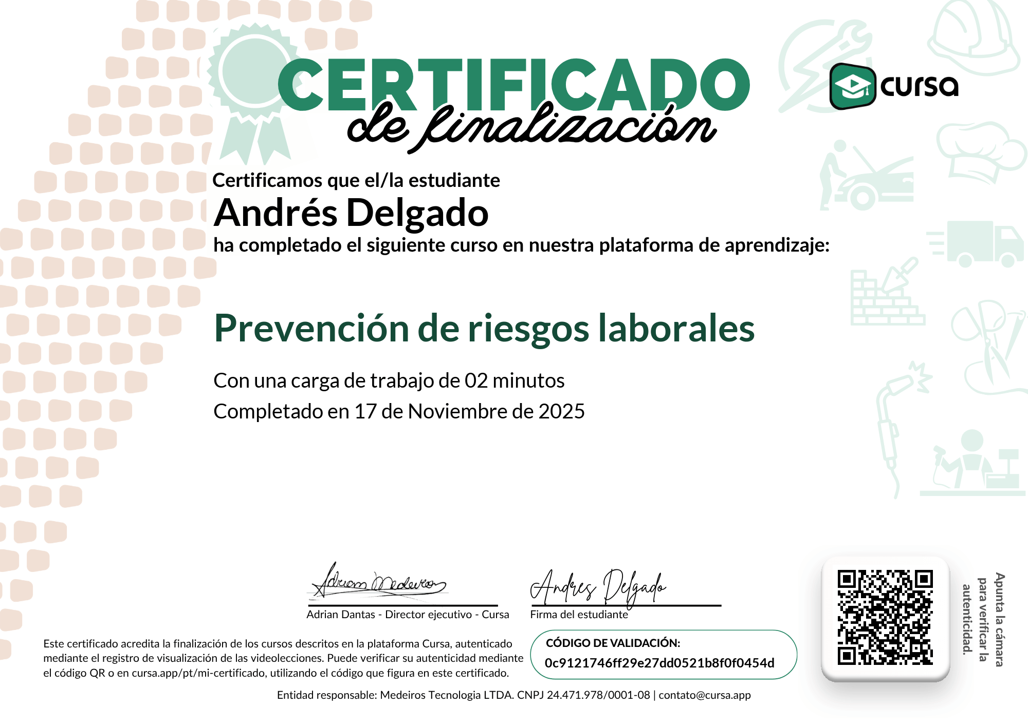 Imagen de mi Certificado de finalización del curso gratuito.