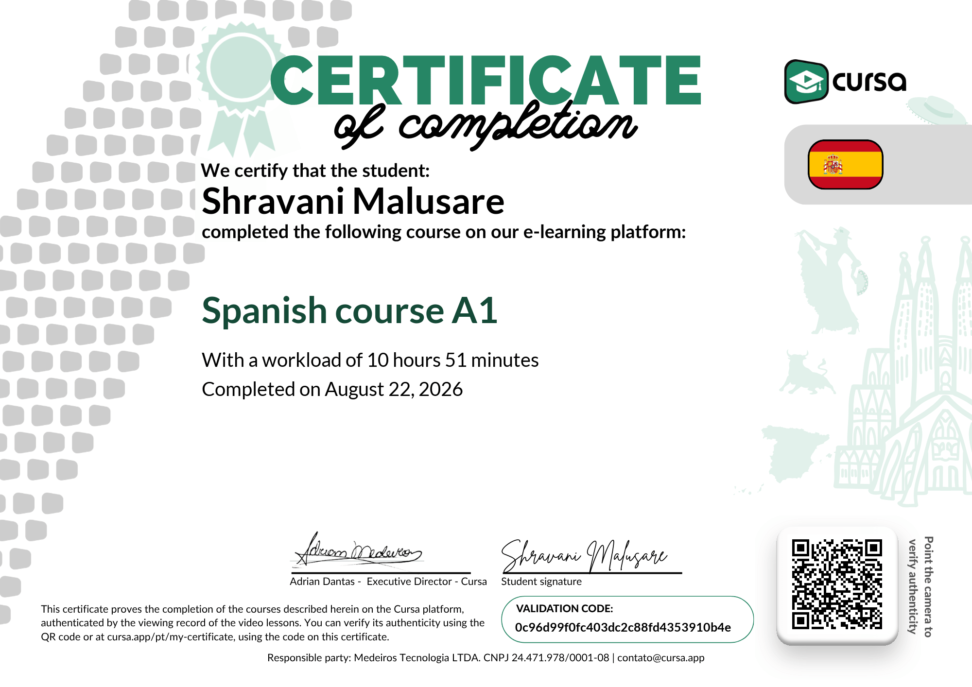 Image of my free Course Completion Certificate.