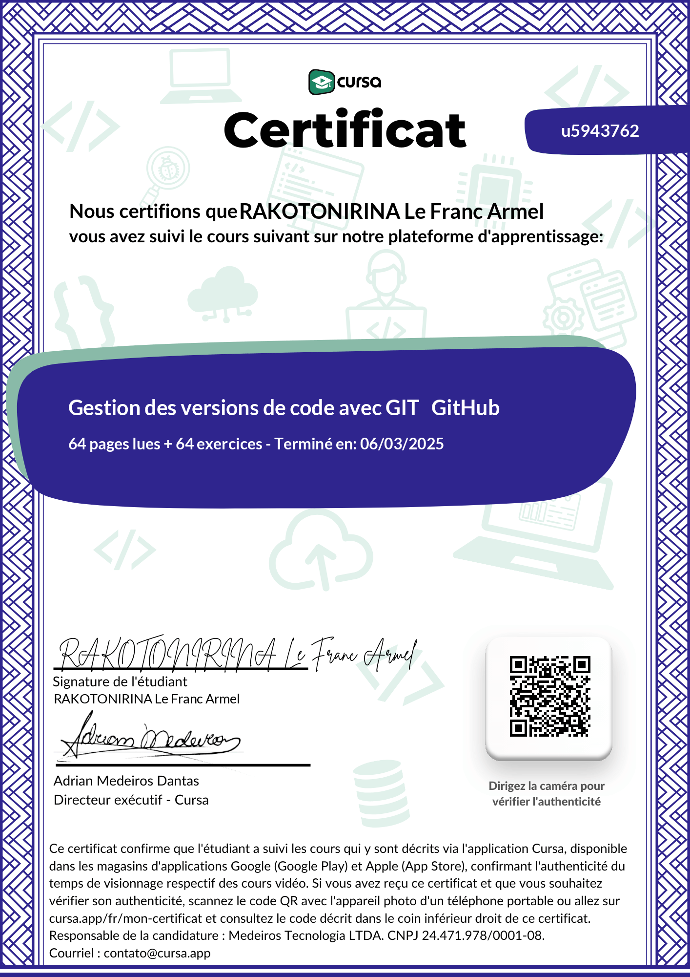 Image de mon certificat de fin de cours gratuit.