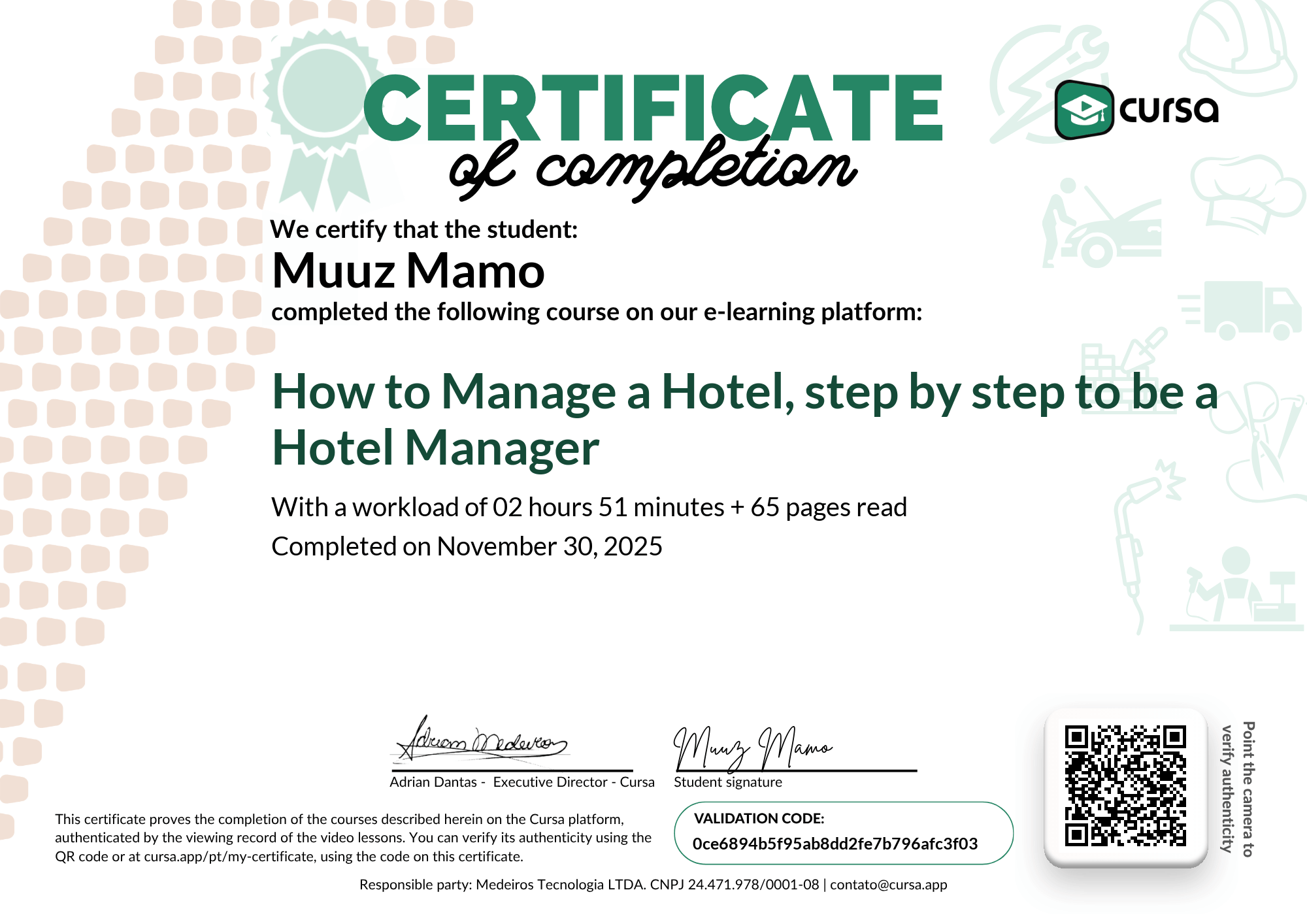 Image of my free Course Completion Certificate.