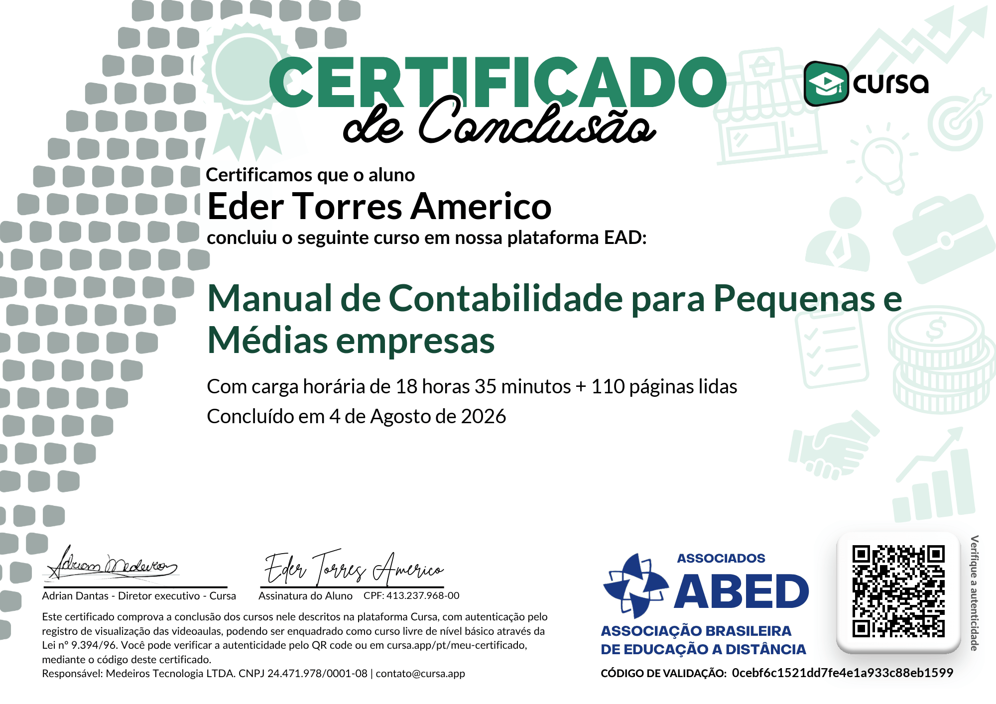 Imagem do meu Certificado gratuito de conclusão de curso.