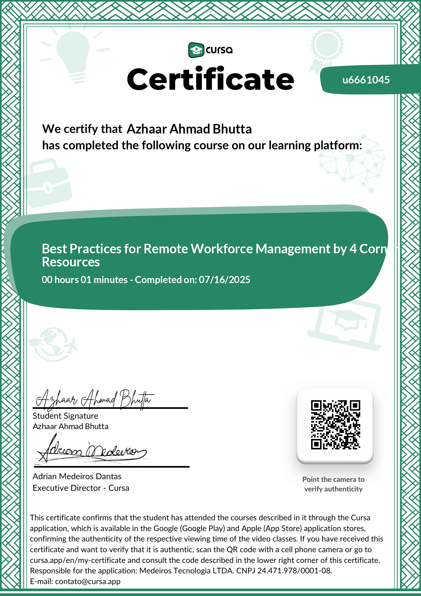 Image of my free Course Completion Certificate.