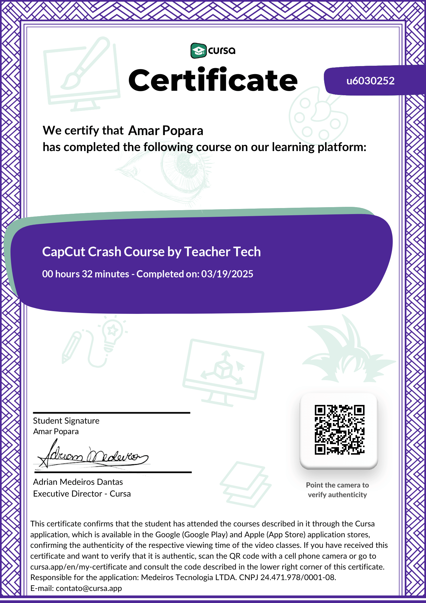 Image of my free Course Completion Certificate.