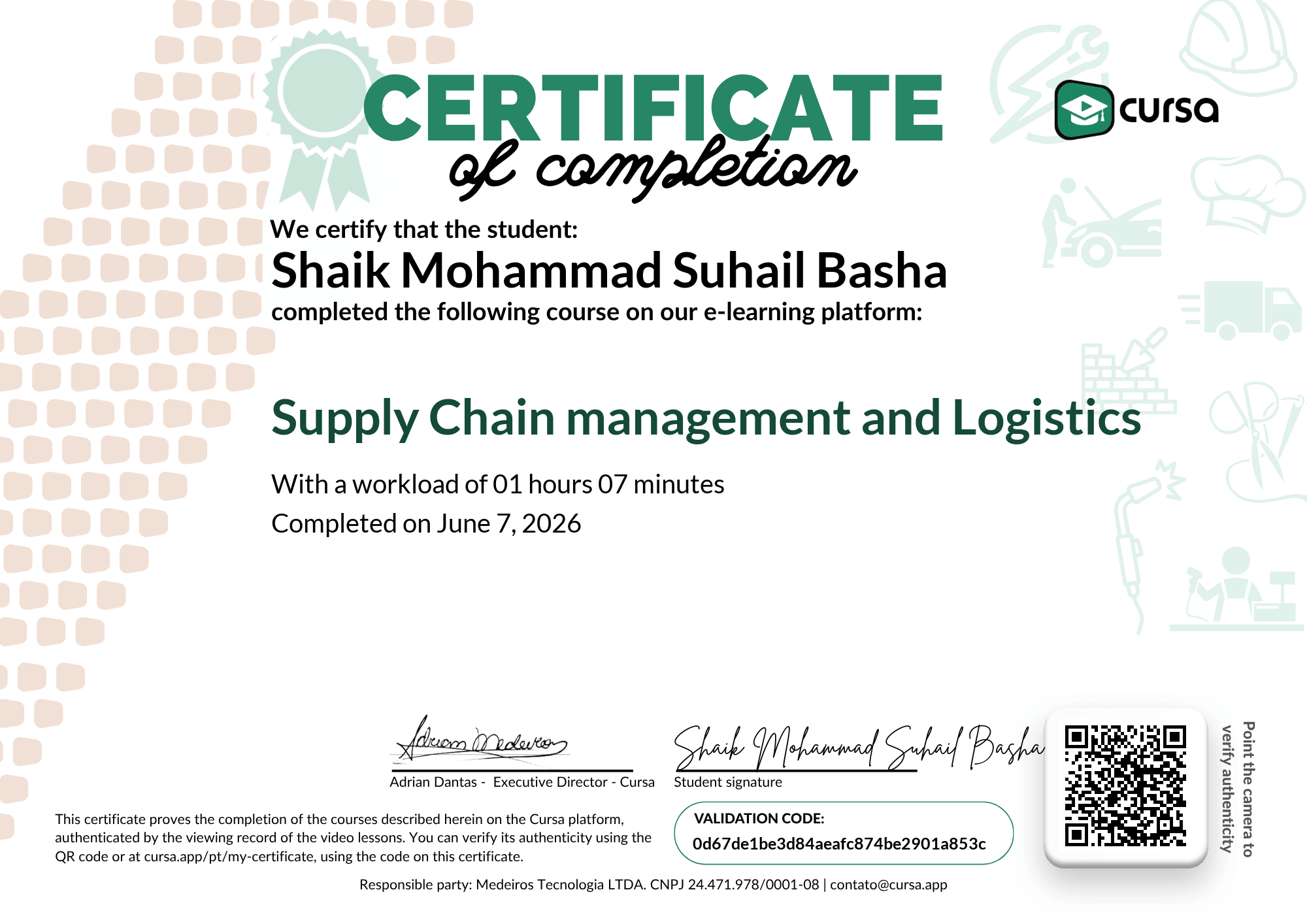 Image of my free Course Completion Certificate.