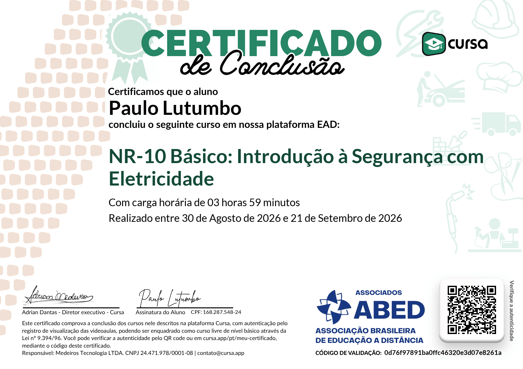 Imagem do meu Certificado gratuito de conclusão de curso.