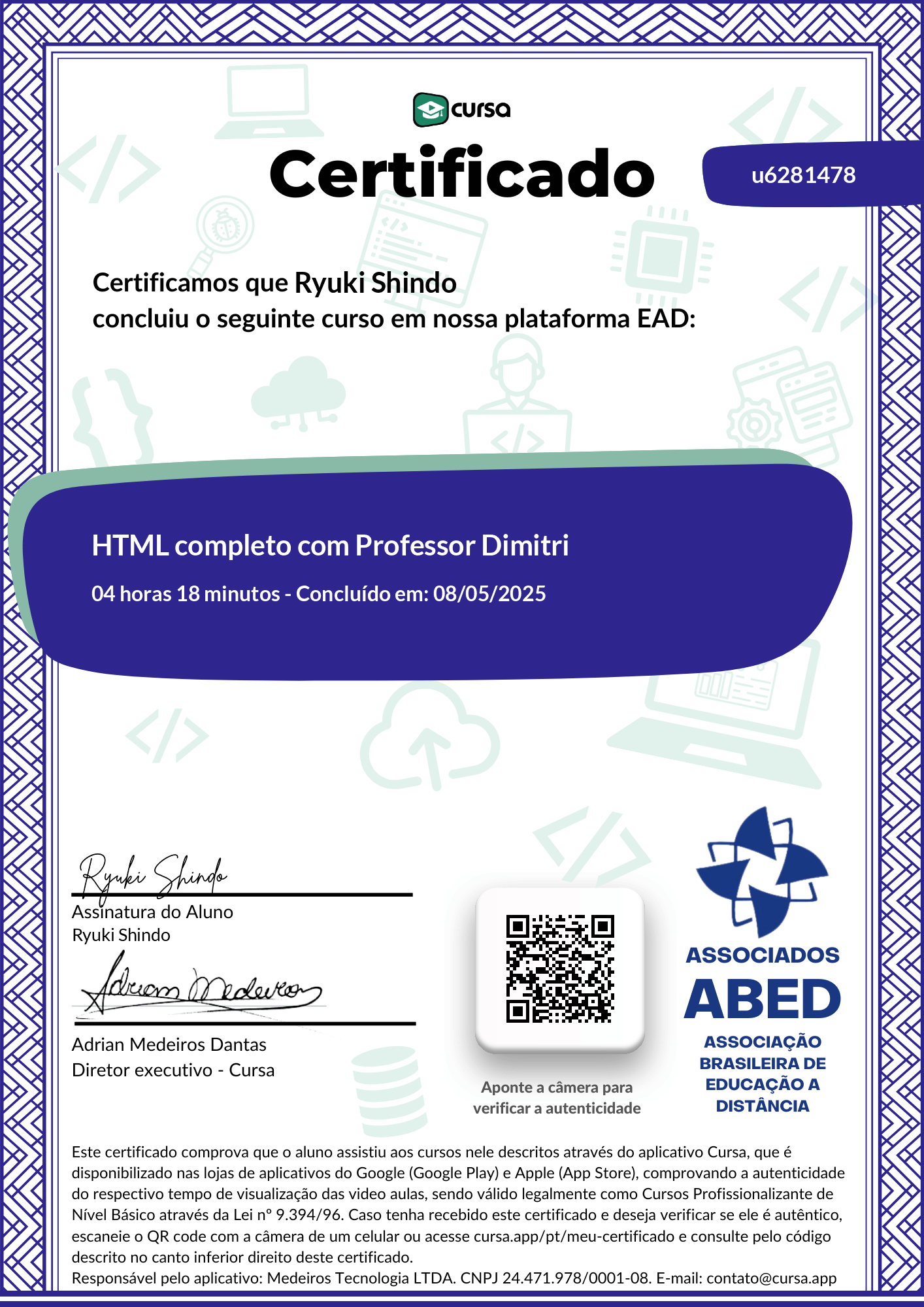 Imagem do meu Certificado gratuito de conclusão de curso.