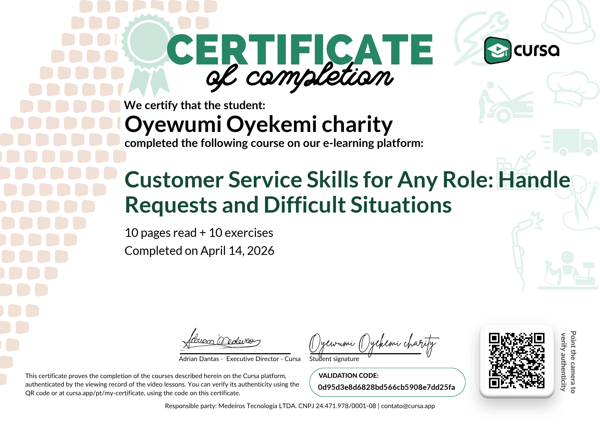 Image of my free Course Completion Certificate.