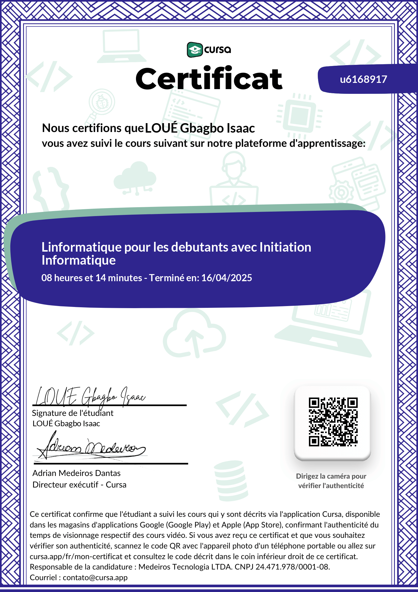 Image de mon certificat de fin de cours gratuit.