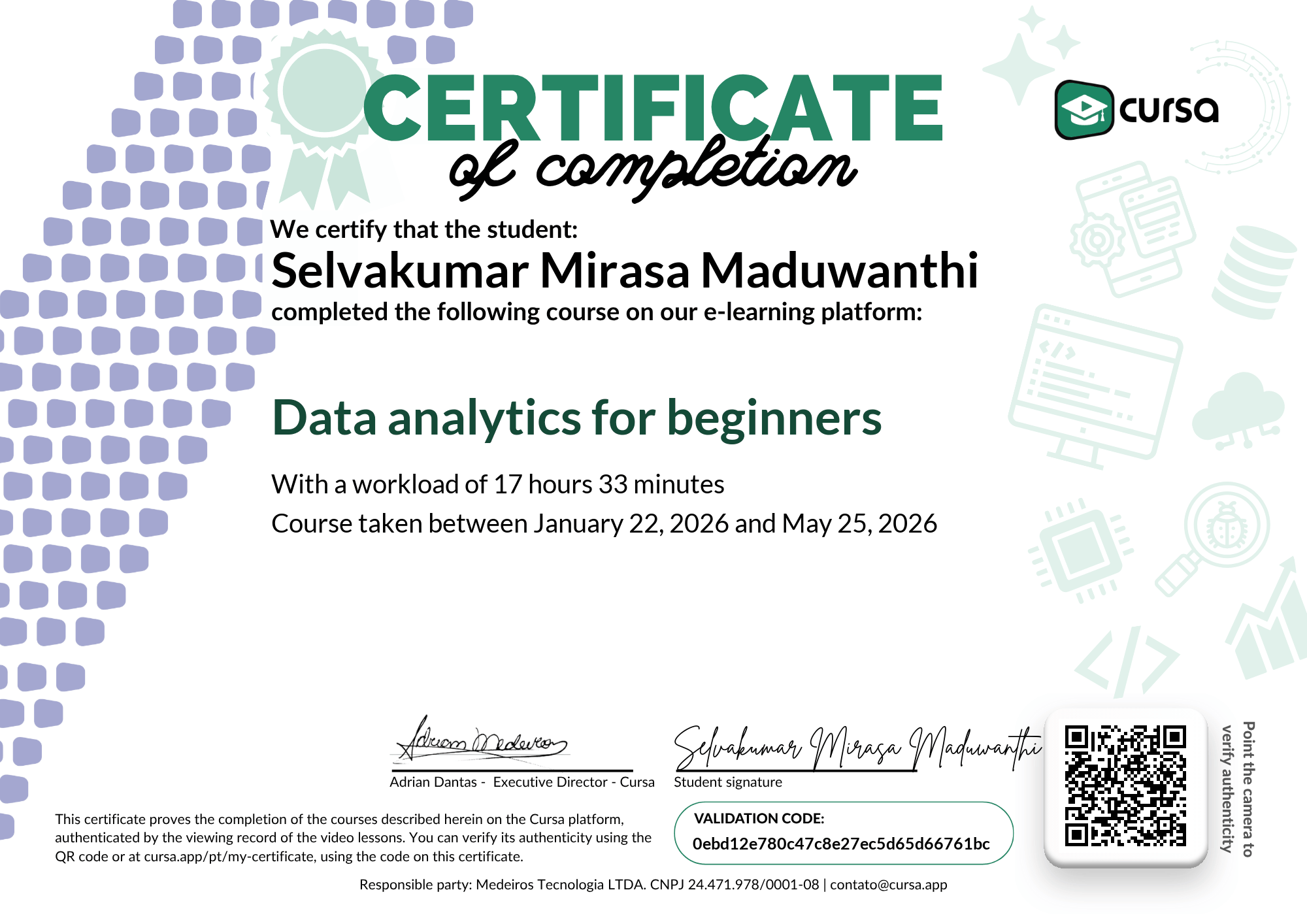 Image of my free Course Completion Certificate.