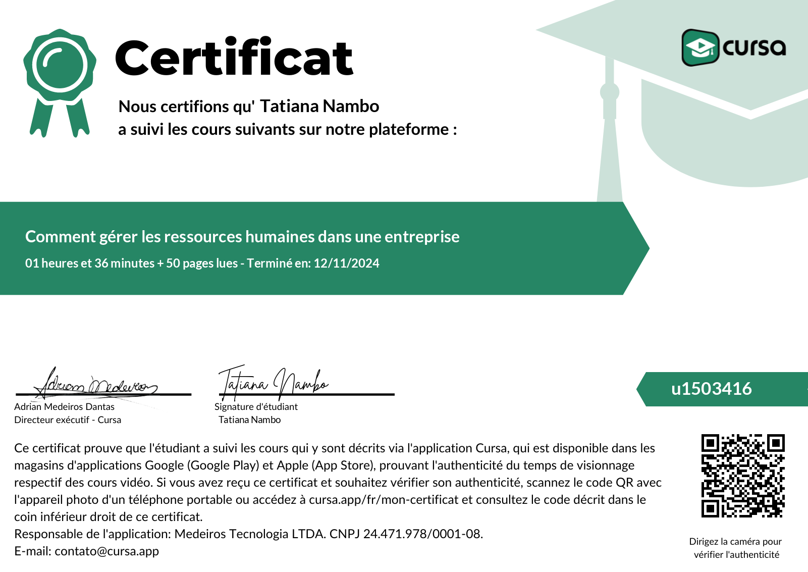 Image de mon certificat de fin de cours gratuit.