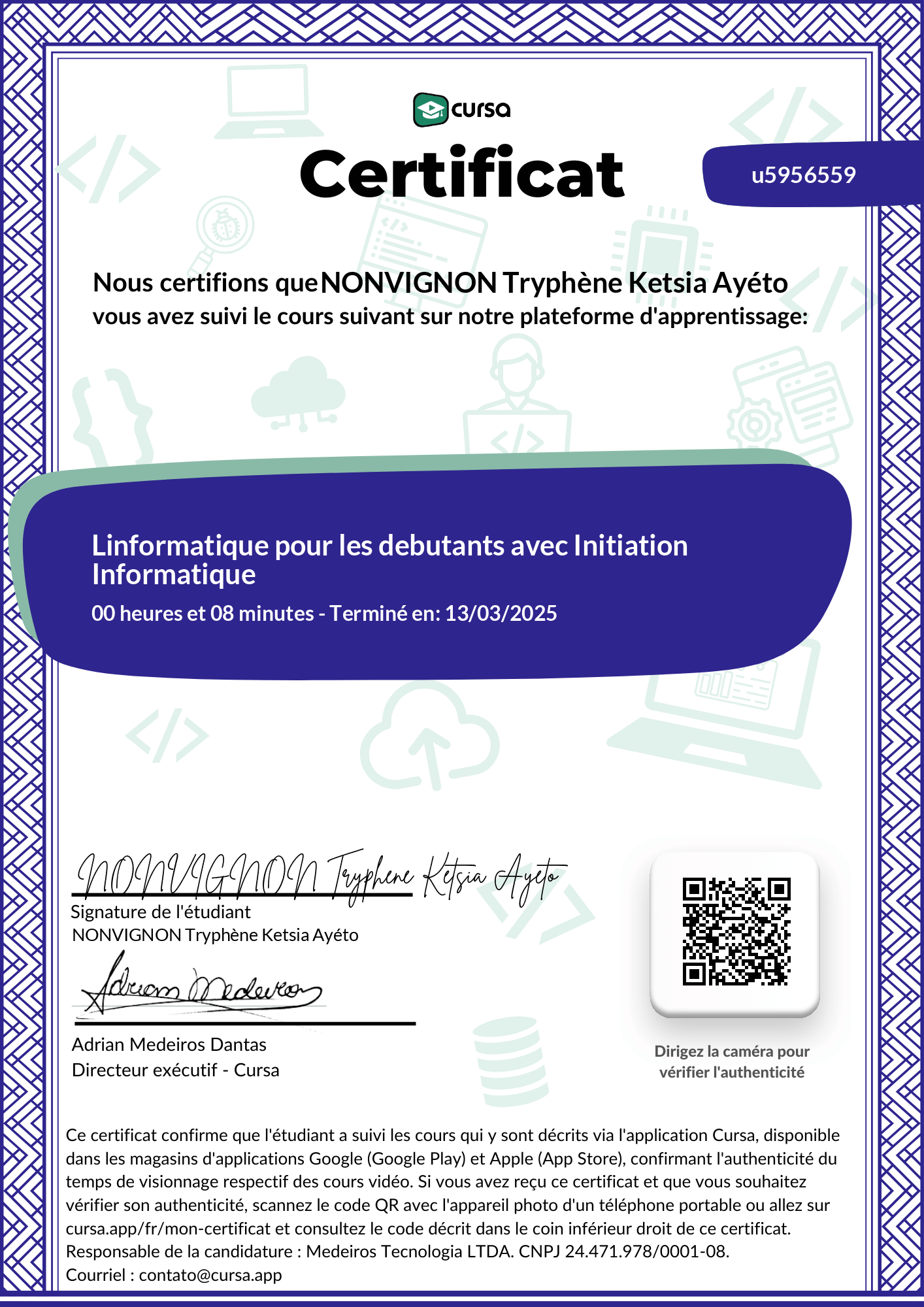 Image de mon certificat de fin de cours gratuit.