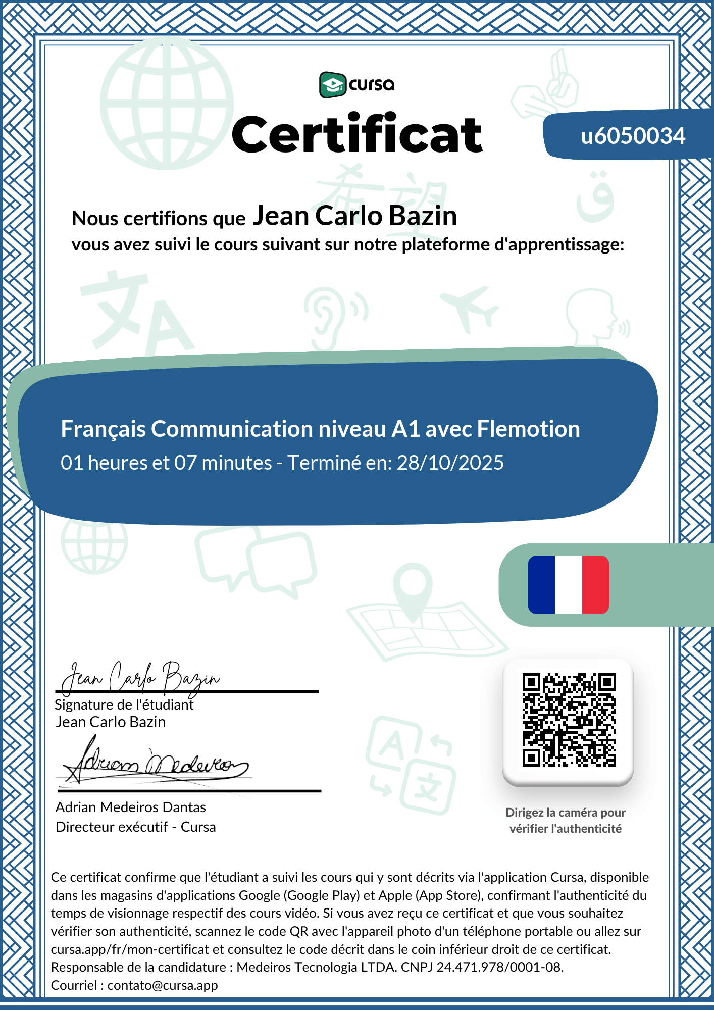 Image de mon certificat de fin de cours gratuit.