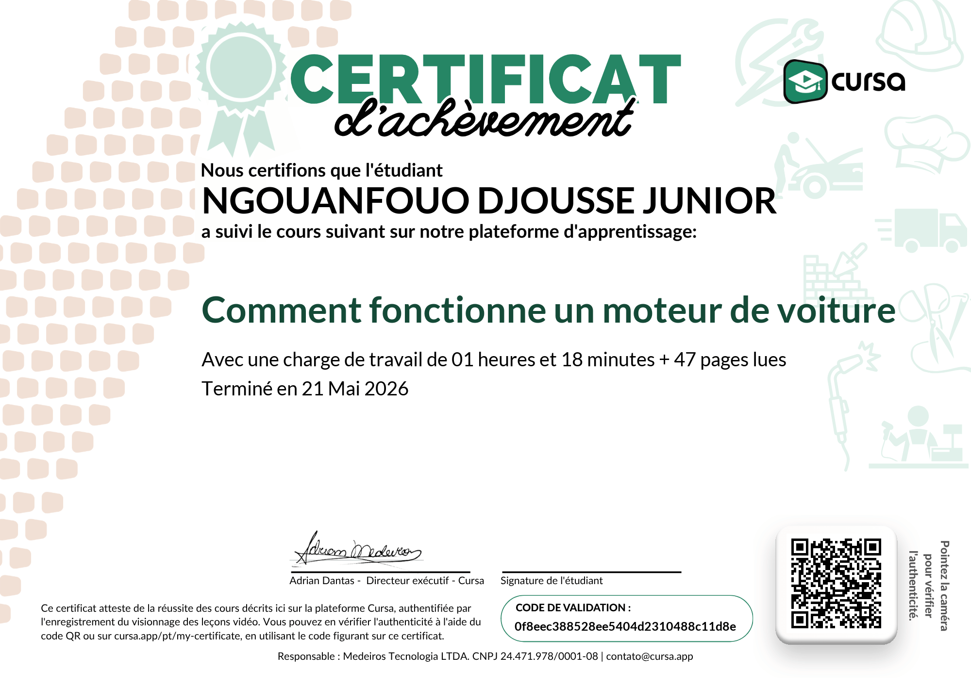 Image de mon certificat de fin de cours gratuit.
