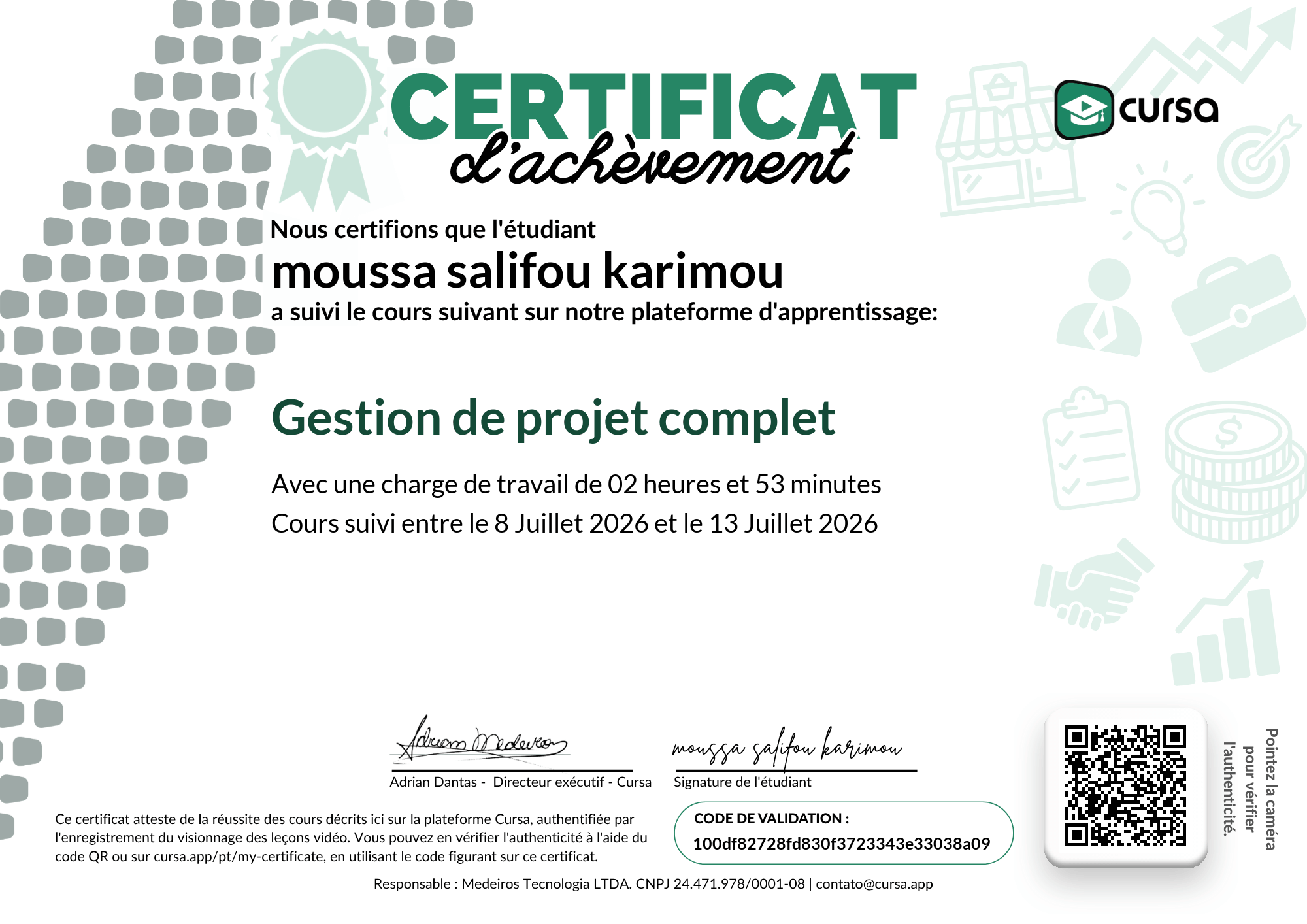 Image de mon certificat de fin de cours gratuit.