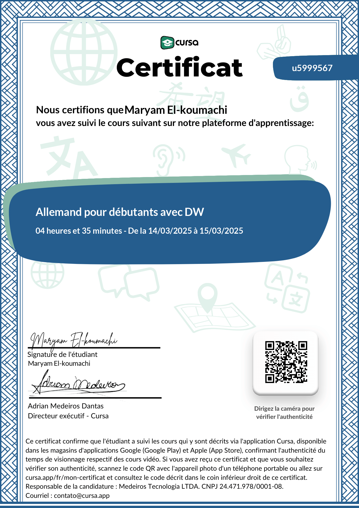 Image de mon certificat de fin de cours gratuit.