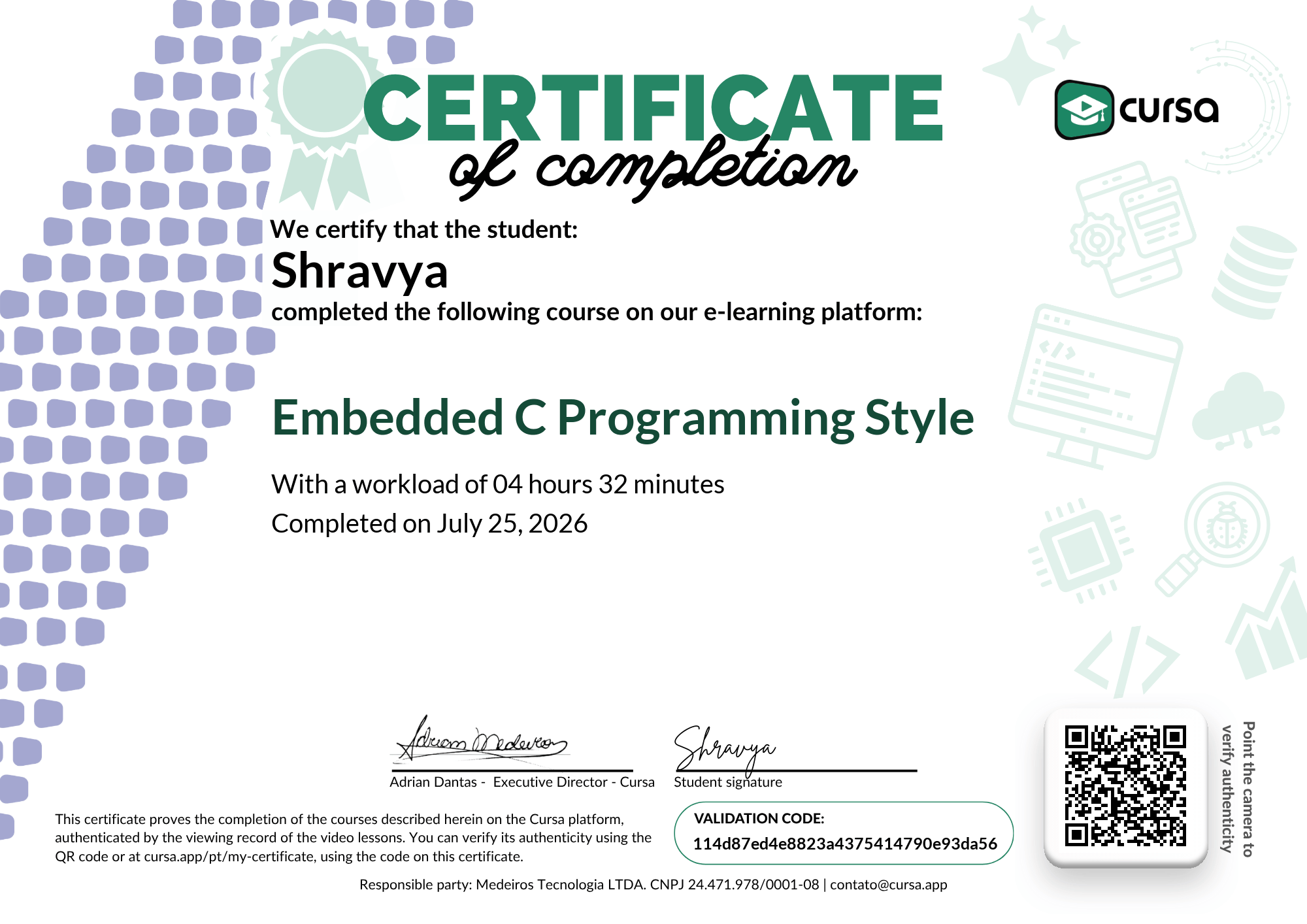 Image of my free Course Completion Certificate.