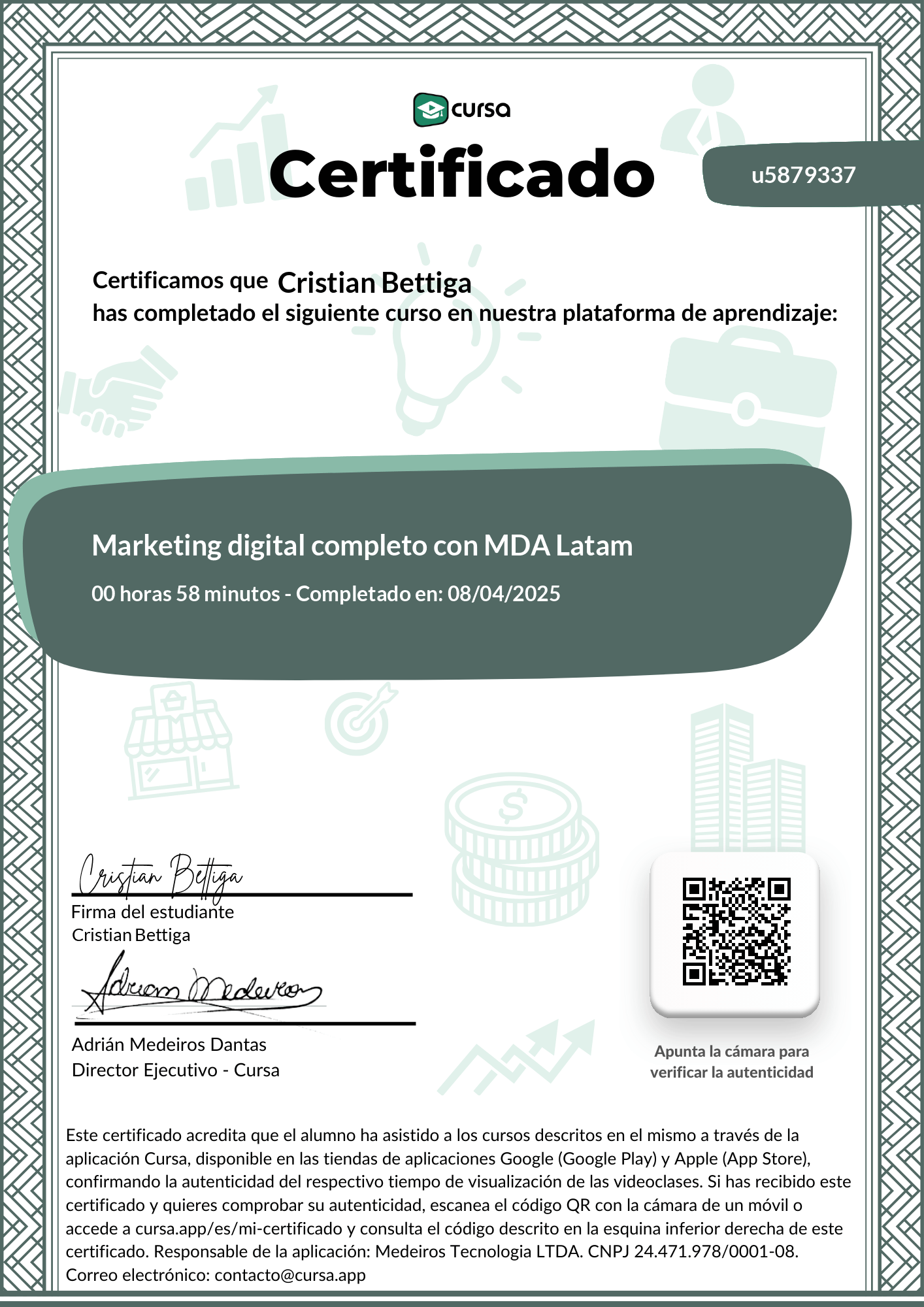 Imagen de mi Certificado de finalización del curso gratuito.