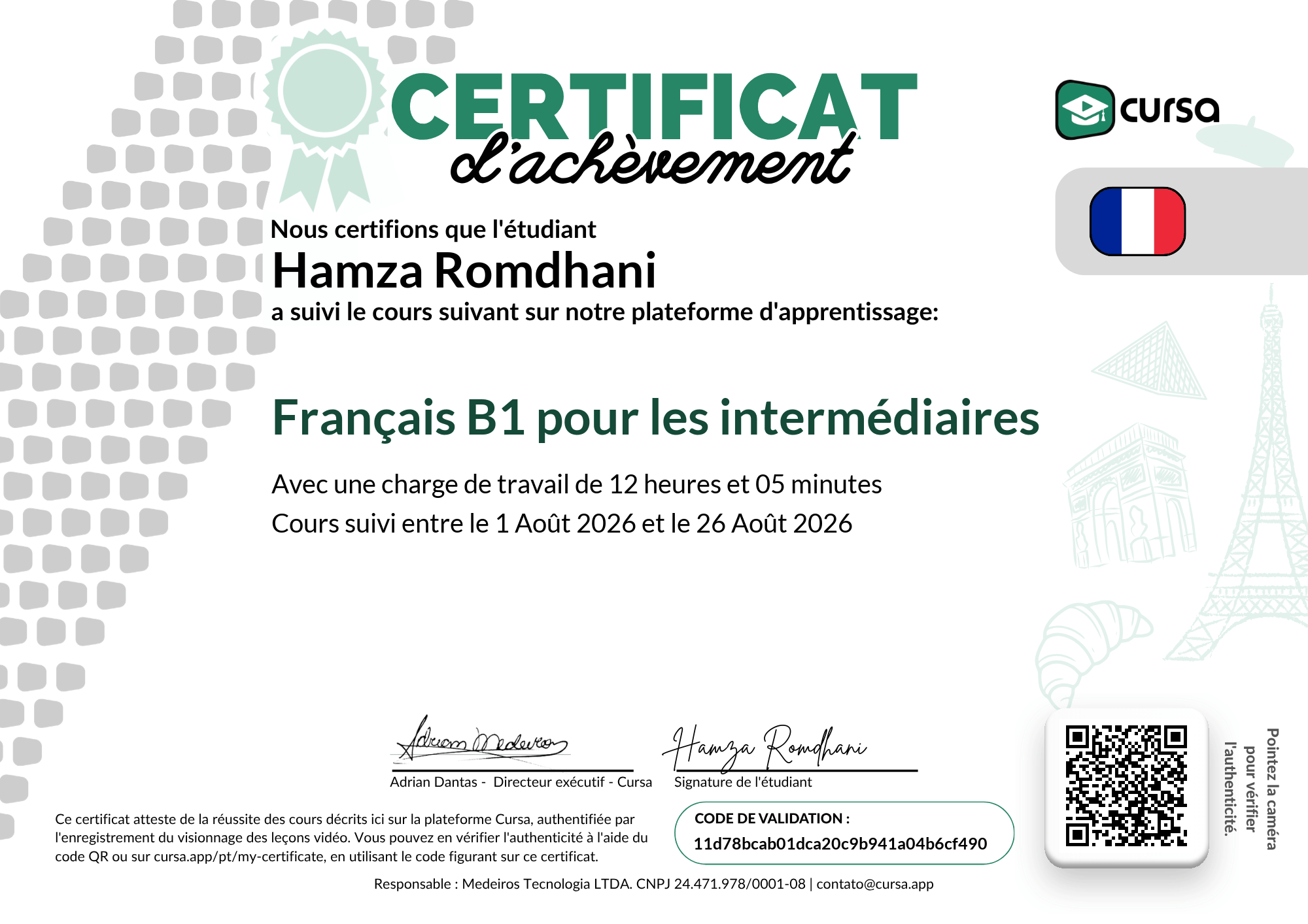 Image de mon certificat de fin de cours gratuit.