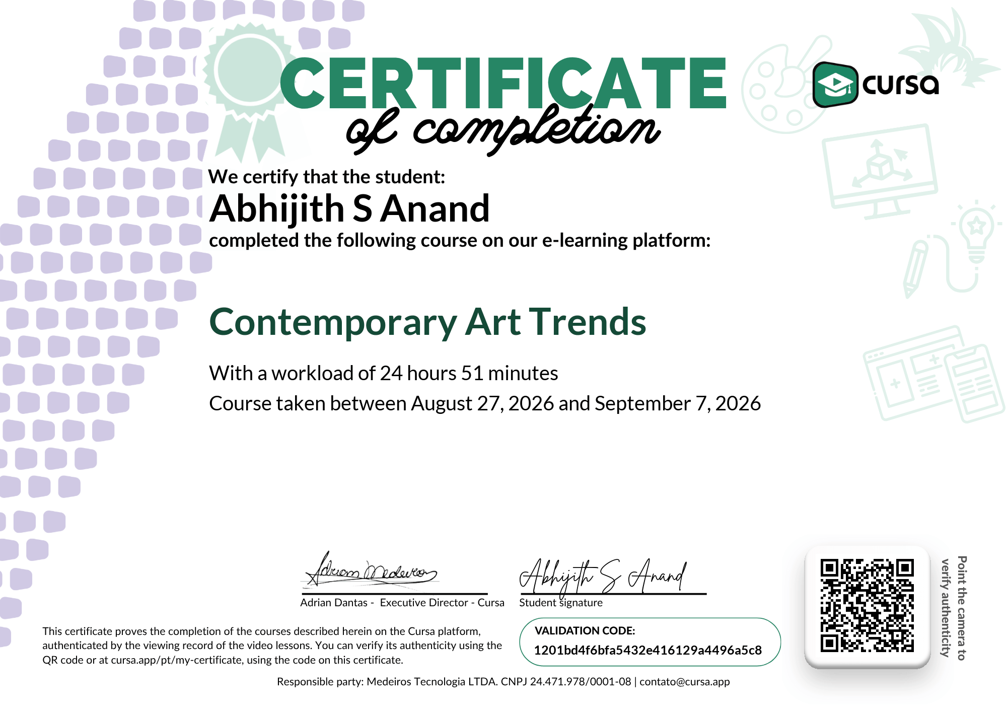 Image of my free Course Completion Certificate.
