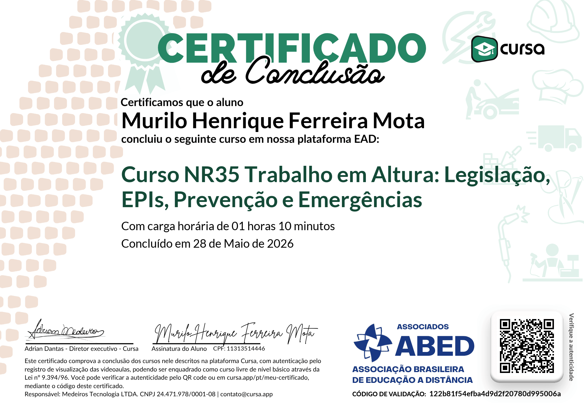 Imagem do meu Certificado gratuito de conclusão de curso.