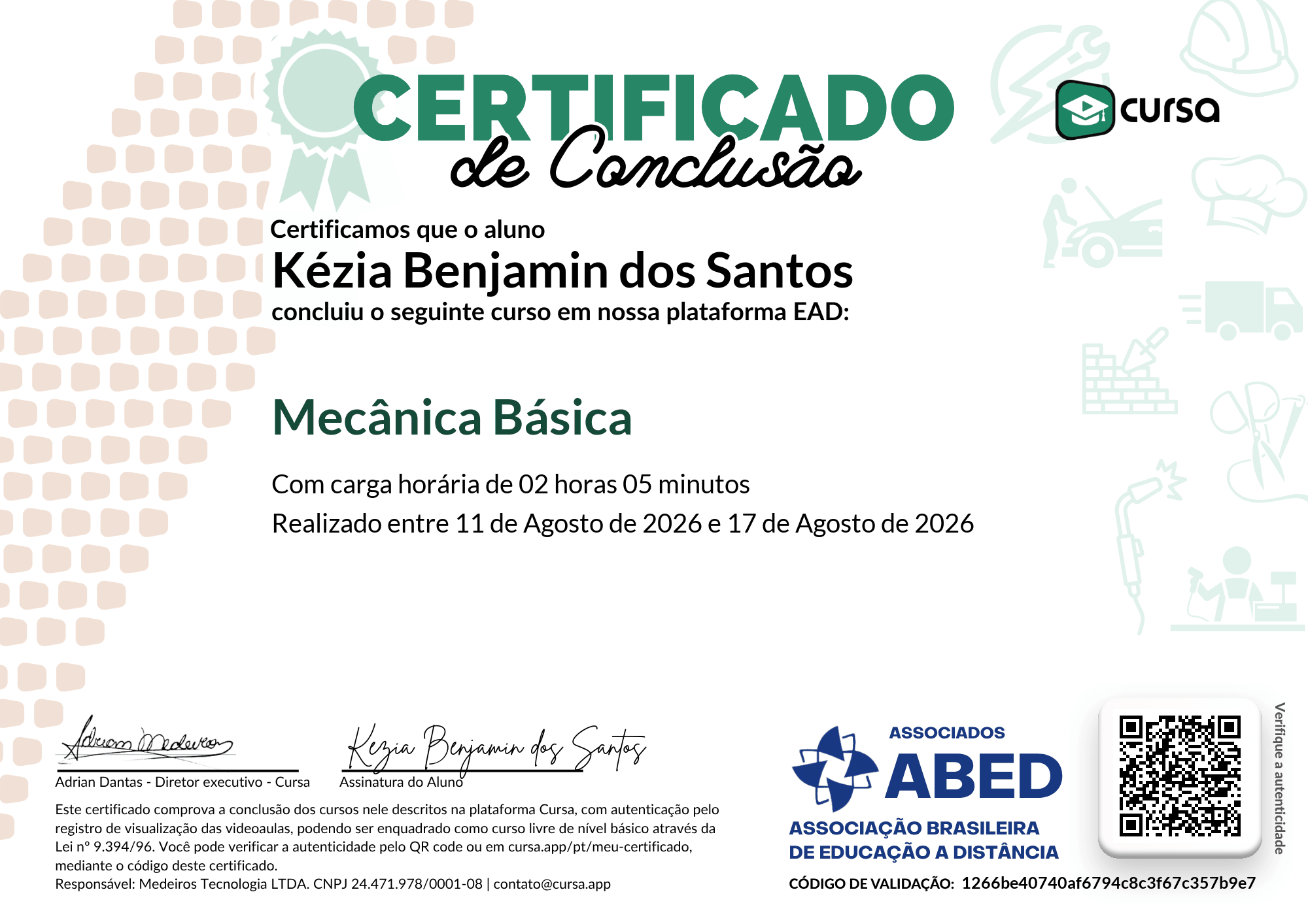 Imagem do meu Certificado gratuito de conclusão de curso.