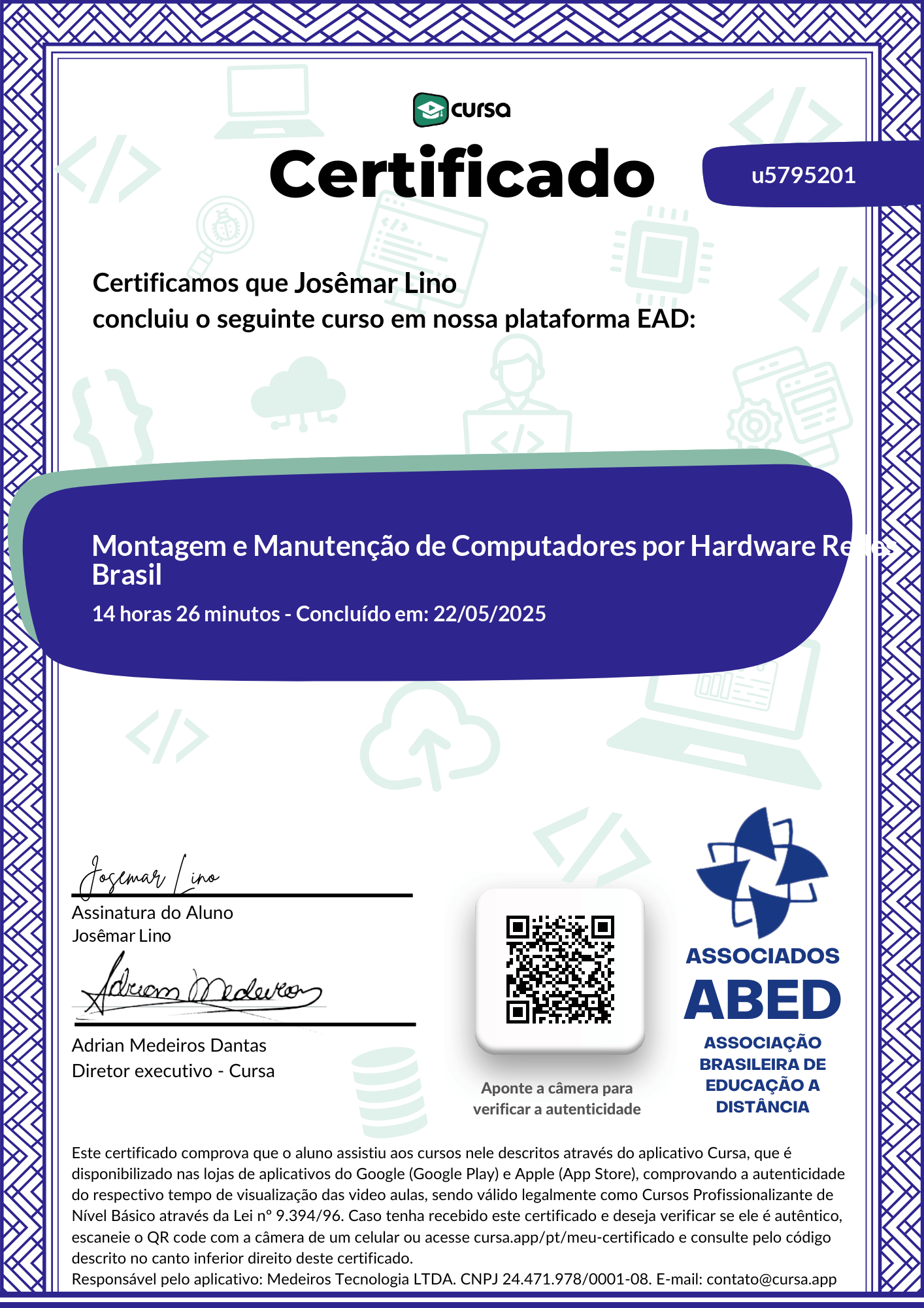 Imagem do meu Certificado gratuito de conclusão de curso.