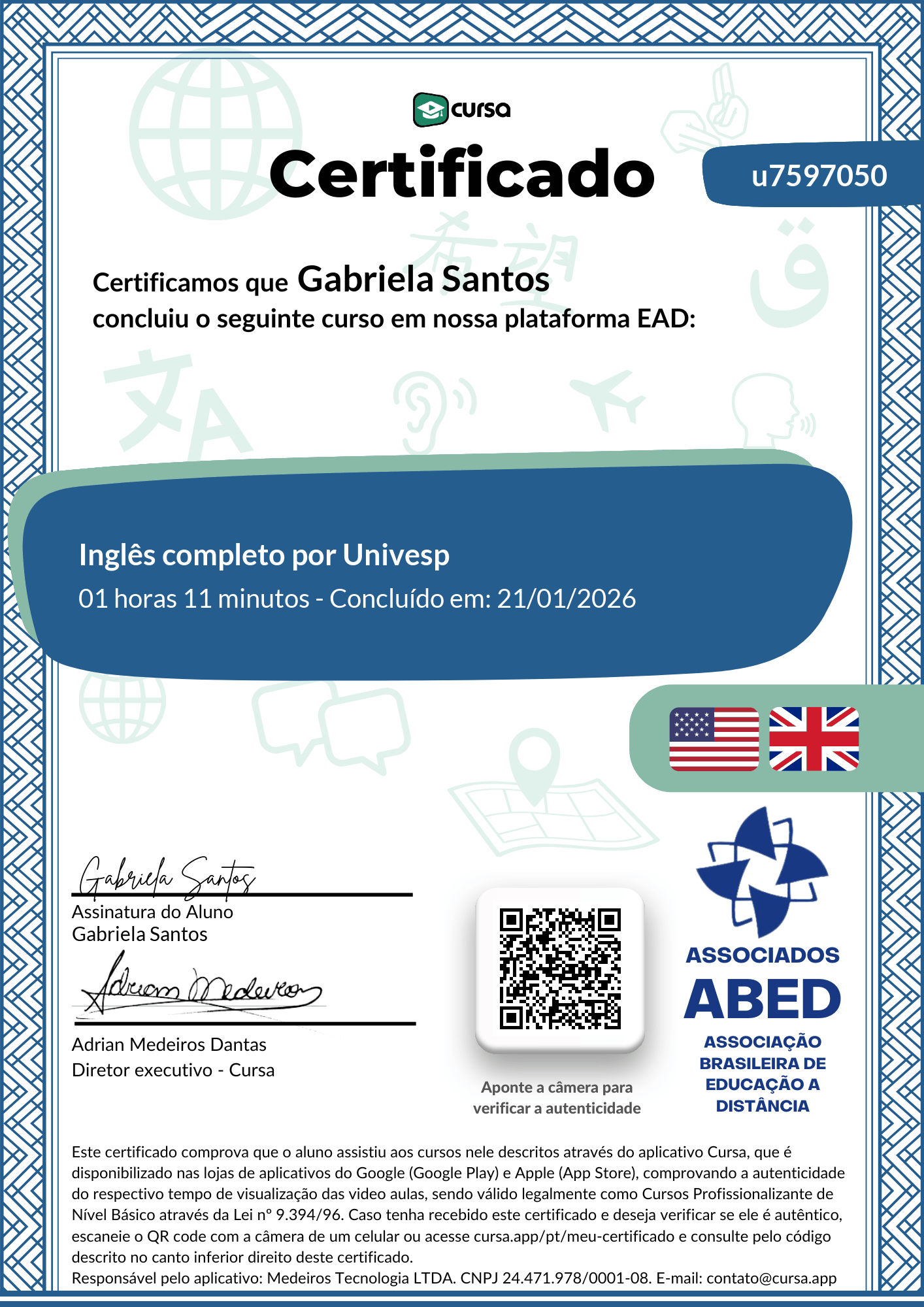 Imagem do meu Certificado gratuito de conclusão de curso.