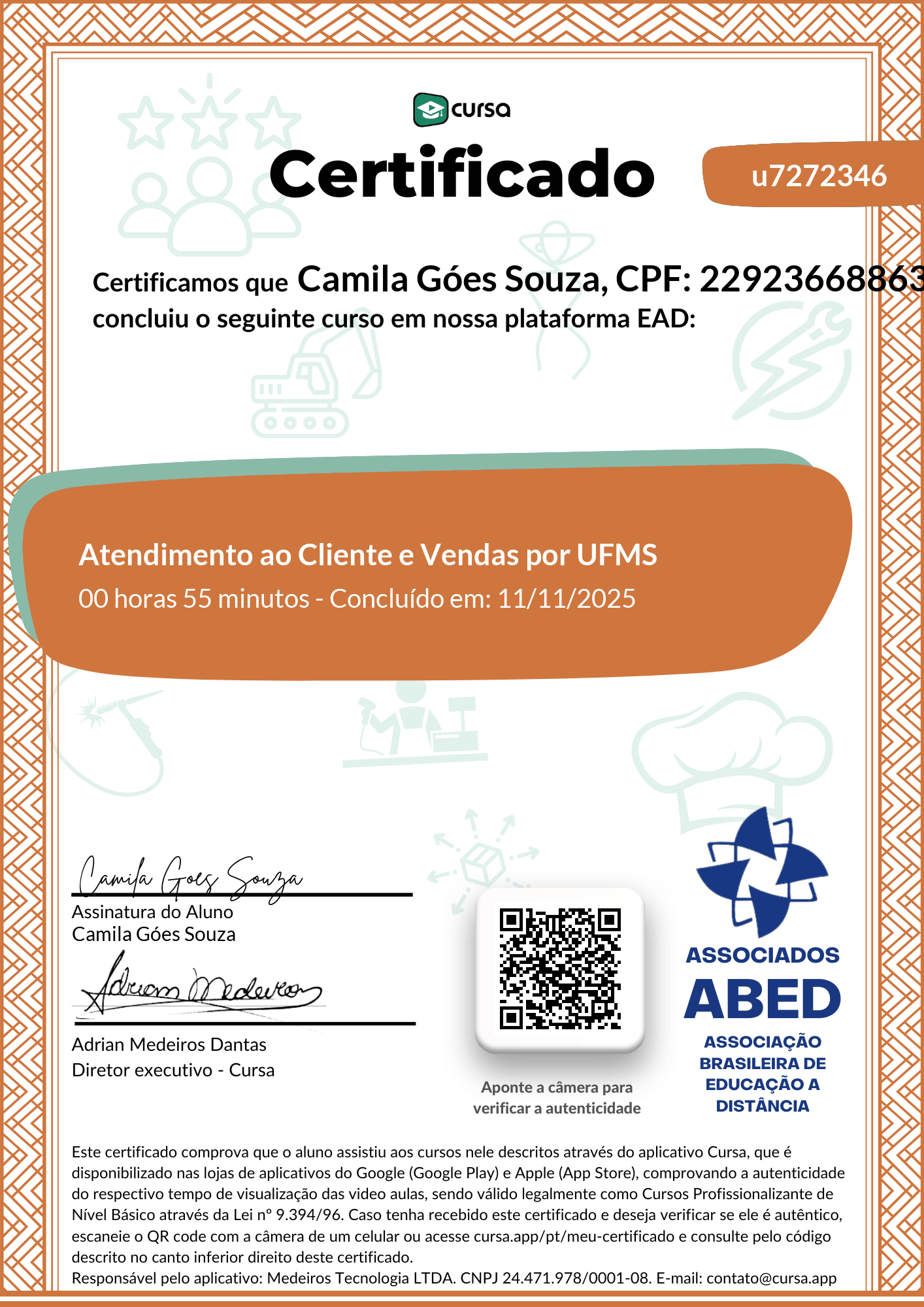 Imagem do meu Certificado gratuito de conclusão de curso.