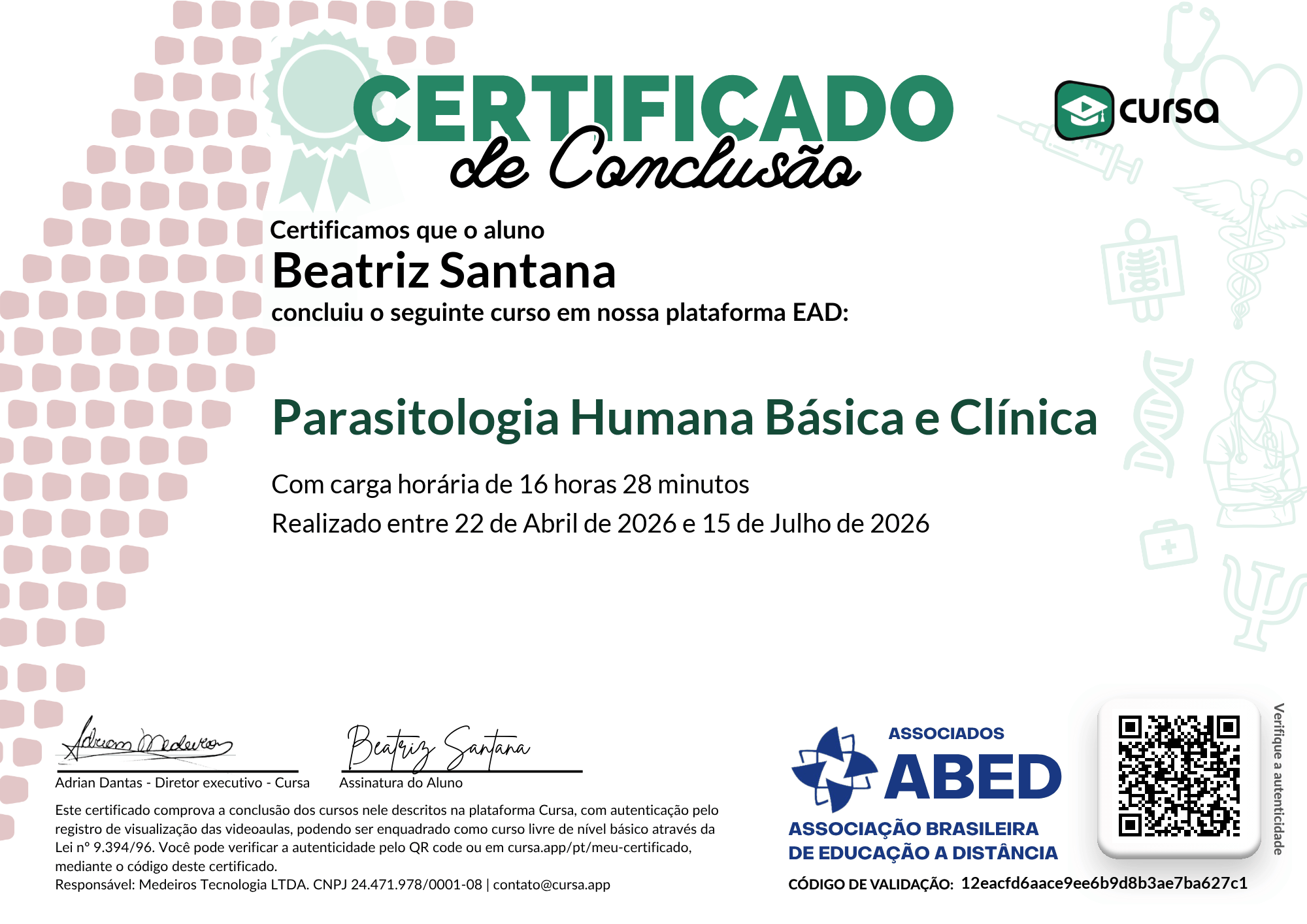 Imagem do meu Certificado gratuito de conclusão de curso.